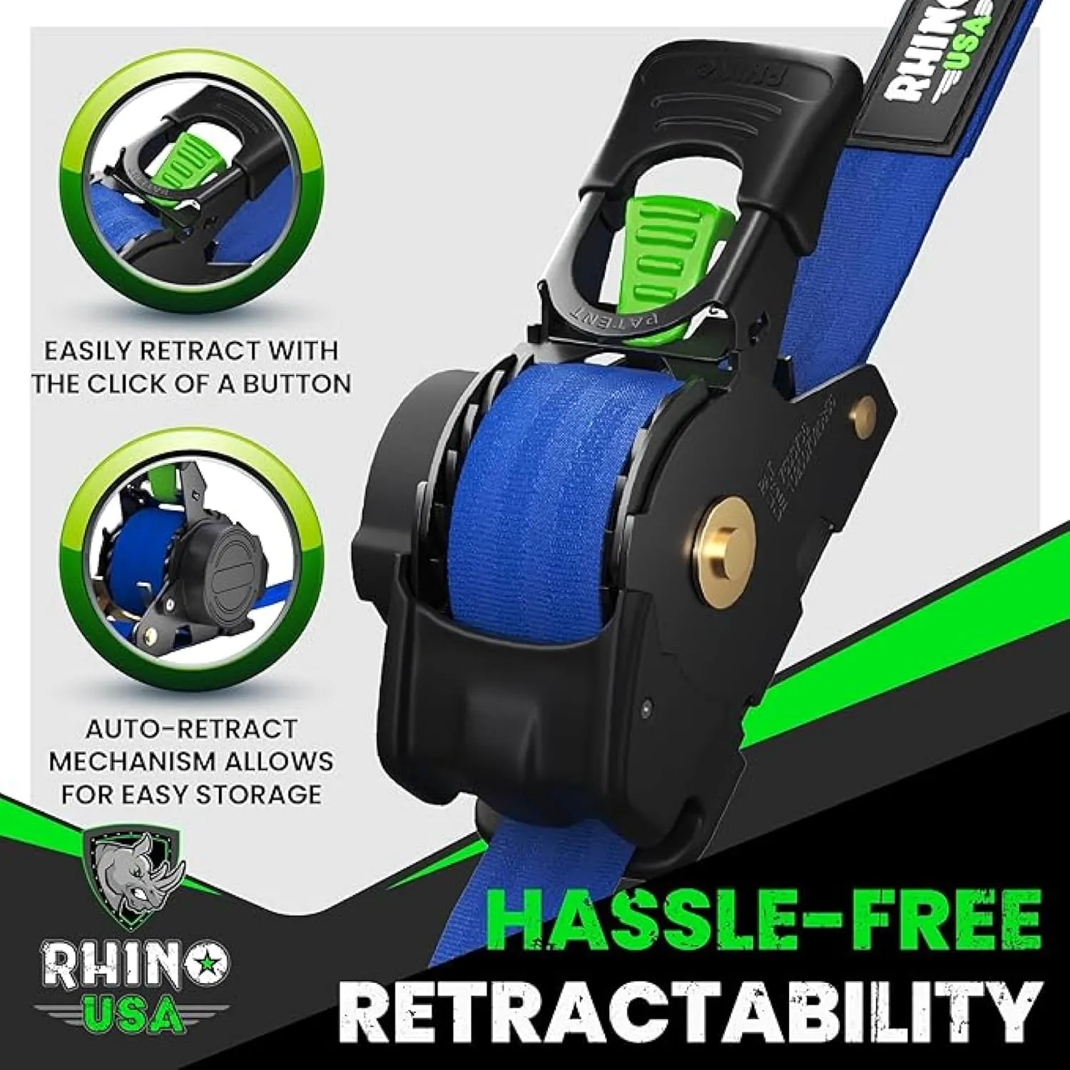 Rhino USA Retractable Ratchet Straps (2-Pack) - 1 Inch x 10 Feet (1,209lb Break Strength) - Heavy Duty Auto Self Retracting Tie Down Straps for Truck, Cargo Trailer, Motorcycle, Rad & More - Blue
