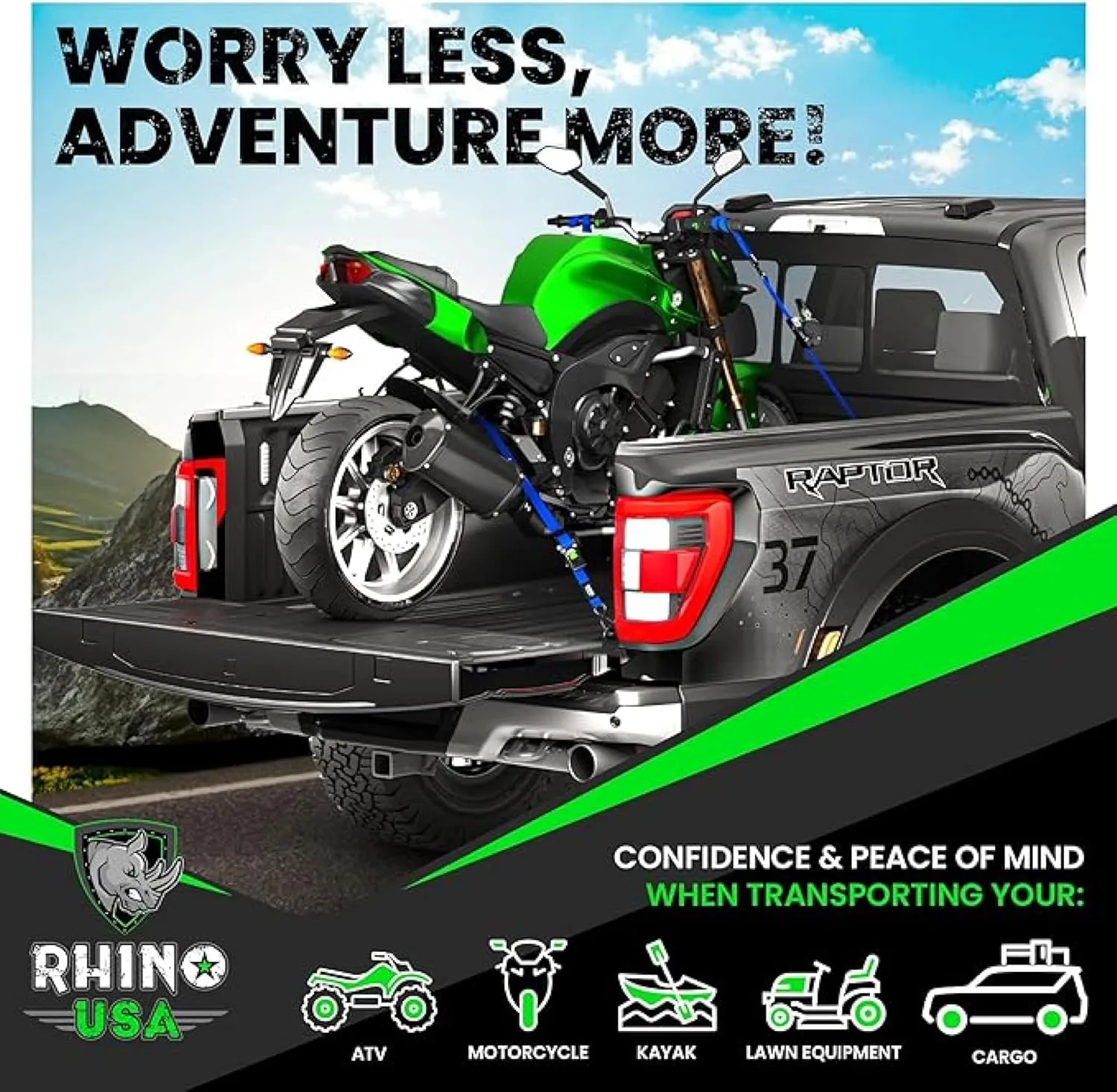 Rhino USA Retractable Ratchet Straps (2-Pack) - 1 Inch x 10 Feet (1,209lb Break Strength) - Heavy Duty Auto Self Retracting Tie Down Straps for Truck, Cargo Trailer, Motorcycle, Rad & More - Blue