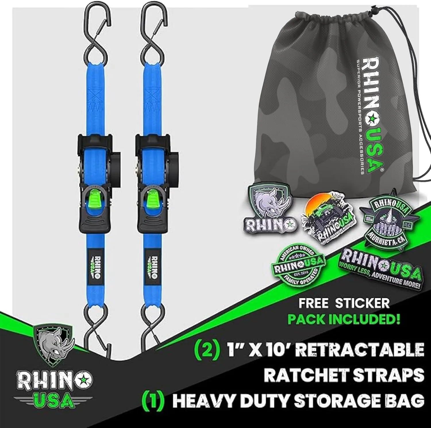 Rhino USA Retractable Ratchet Straps (2-Pack) - 1 Inch x 10 Feet (1,209lb Break Strength) - Heavy Duty Auto Self Retracting Tie Down Straps for Truck, Cargo Trailer, Motorcycle, Rad & More - Blue