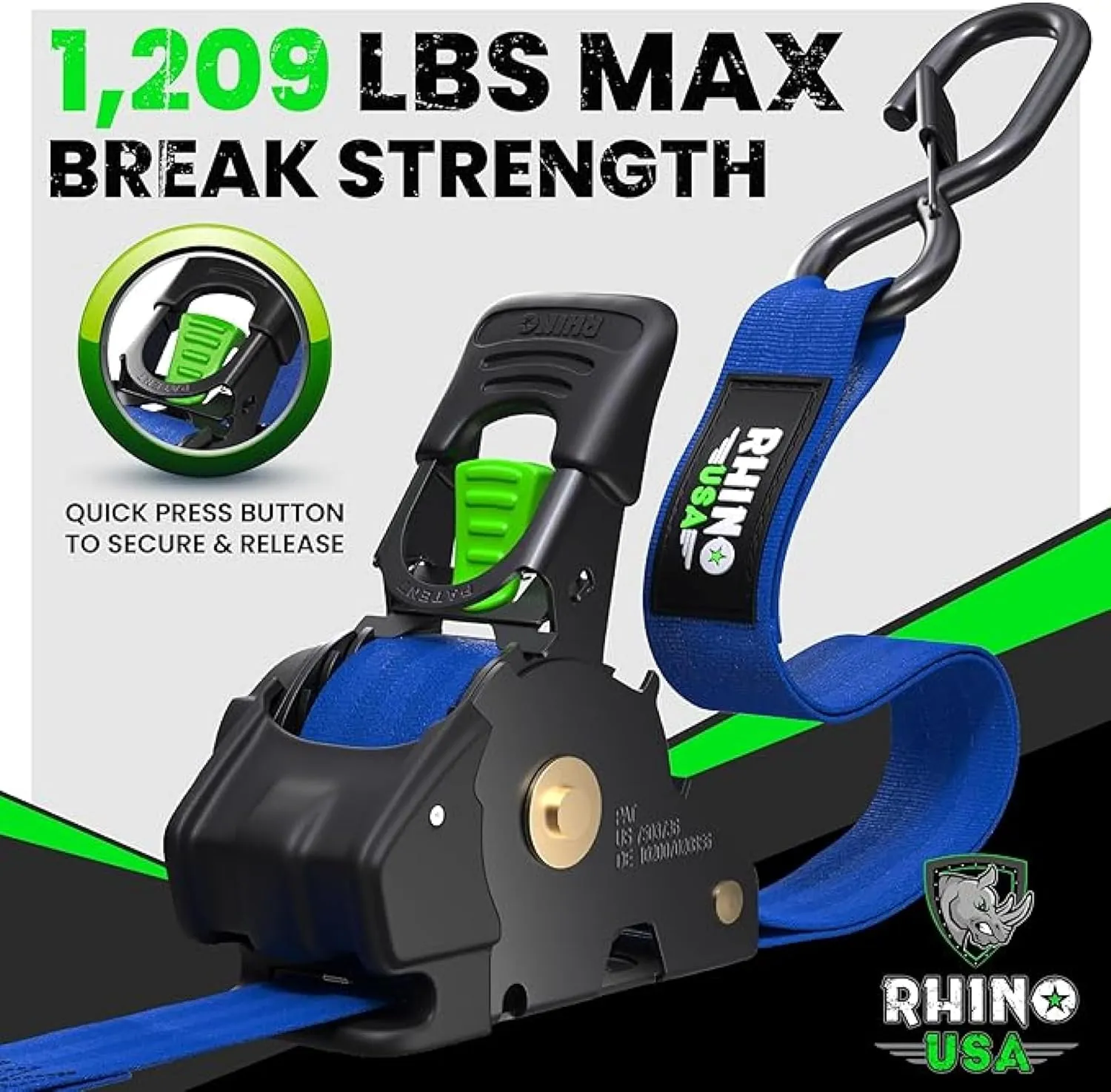 Rhino USA Retractable Ratchet Straps (2-Pack) - 1 Inch x 10 Feet (1,209lb Break Strength) - Heavy Duty Auto Self Retracting Tie Down Straps for Truck, Cargo Trailer, Motorcycle, Rad & More - Blue