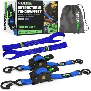 Rhino USA Retractable Ratchet Straps (2-Pack) - 1 Inch x 10 Feet (1,209lb Break Strength) - Heavy Duty Auto Self Retracting Tie Down Straps for Truck, Cargo Trailer, Motorcycle, Rad & More - Blue