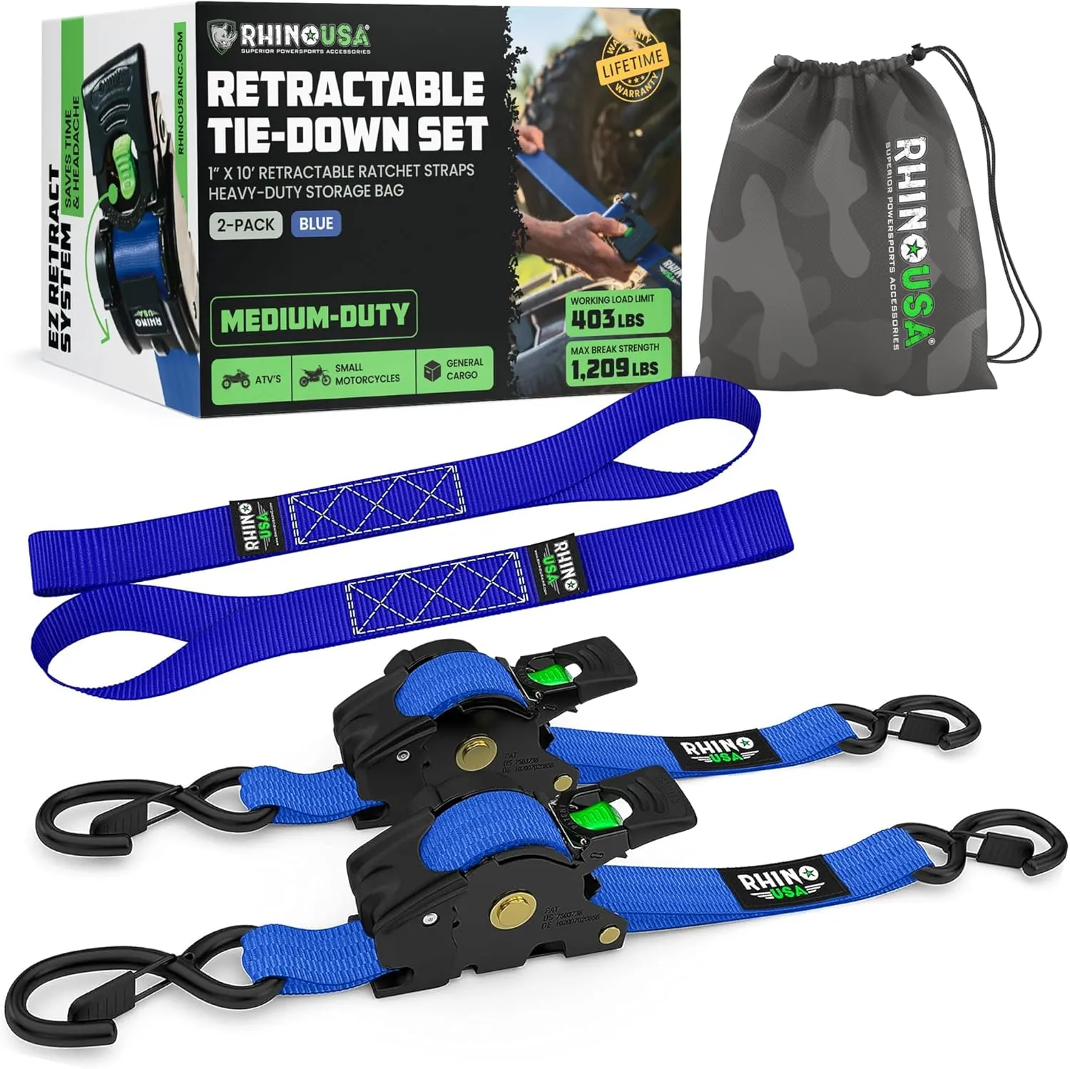 Rhino USA Retractable Ratchet Straps (2-Pack) - 1 Inch x 10 Feet (1,209lb Break Strength) - Heavy Duty Auto Self Retracting Tie Down Straps for Truck, Cargo Trailer, Motorcycle, Rad & More - Blue