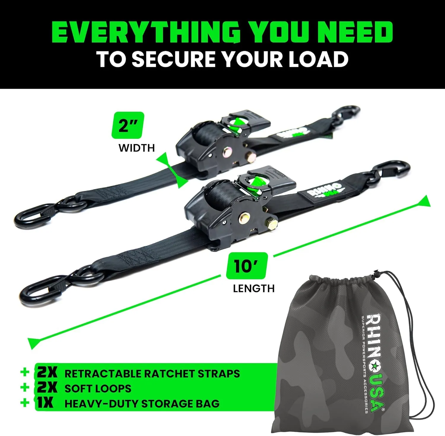 Rhino USA Retractable Ratchet Straps (2-Pack) - 2 Inch x 10 Feet (3,033lb Break Strength) - Heavy Duty Auto Self Retracting Tie Down Straps for Truck, Cargo Trailer, Motorcycle, Rad & More - Black