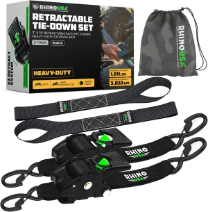 Rhino USA Retractable Ratchet Straps (2-Pack) - 2 Inch x 10 Feet (3,033lb Break Strength) - Heavy Duty Auto Self Retracting Tie Down Straps for Truck, Cargo Trailer, Motorcycle, Rad & More - Black