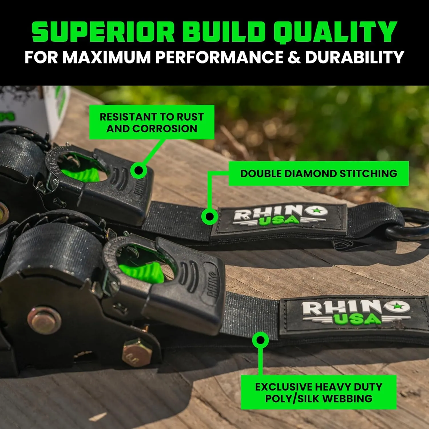 Rhino USA Retractable Ratchet Straps (2-Pack) - 2 Inch x 10 Feet (3,033lb Break Strength) - Heavy Duty Auto Self Retracting Tie Down Straps for Truck, Cargo Trailer, Motorcycle, Rad & More - Black
