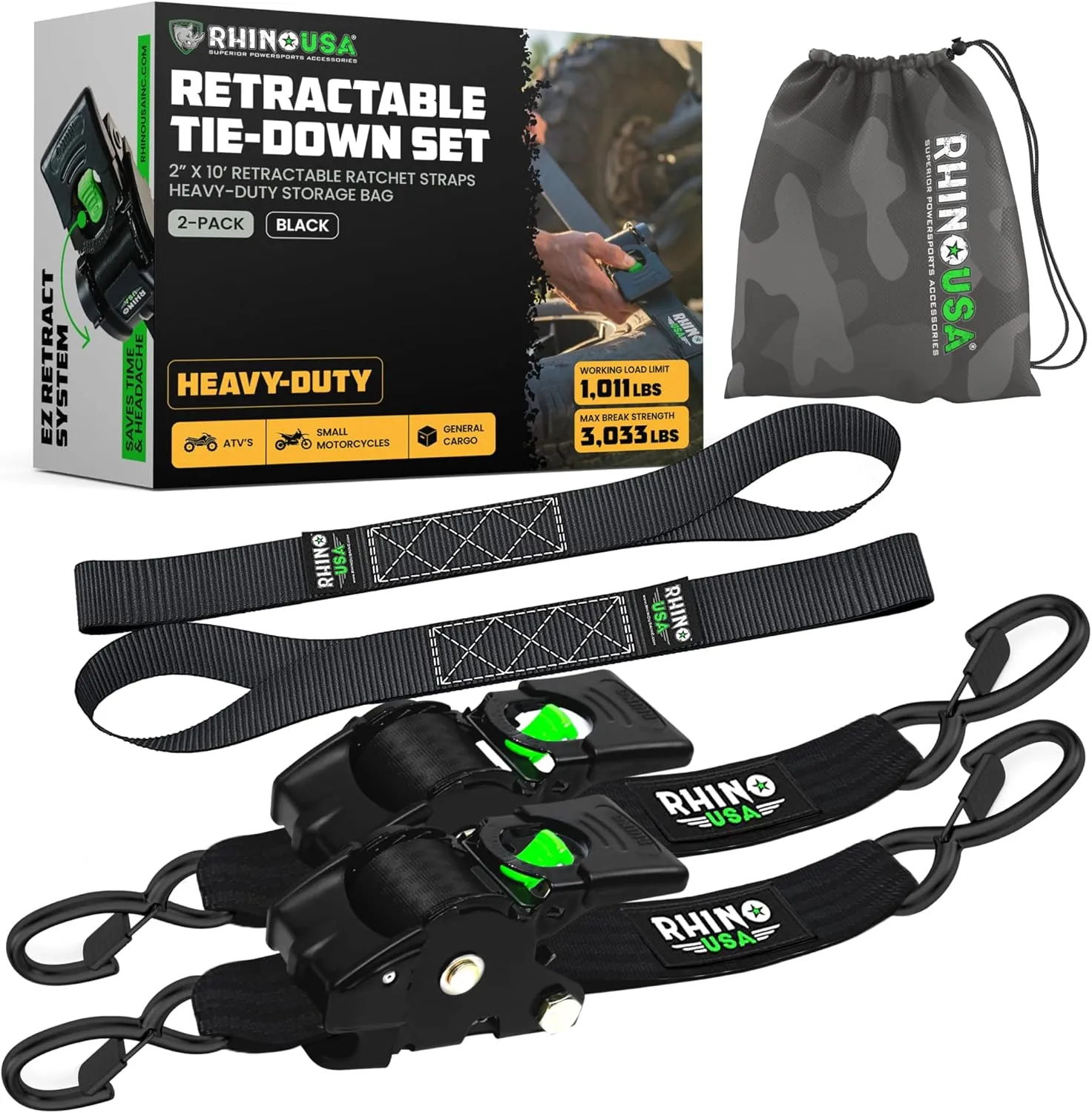Rhino USA Retractable Ratchet Straps (2-Pack) - 2 Inch x 10 Feet (3,033lb Break Strength) - Heavy Duty Auto Self Retracting Tie Down Straps for Truck, Cargo Trailer, Motorcycle, Rad & More - Black