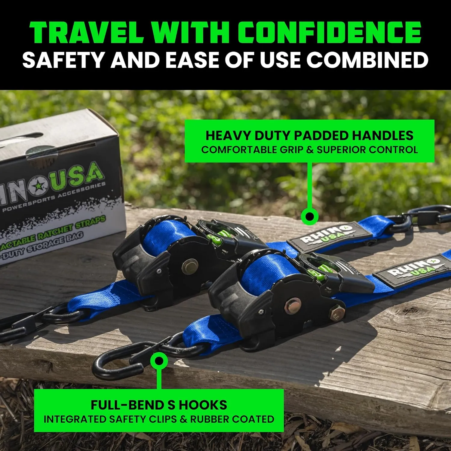 Rhino USA Retractable Ratchet Straps (2-Pack) - 2 Inch x 10 Feet (3,033lb Break Strength) - Heavy Duty Auto Self Retracting Tie Down Straps for Truck, Cargo Trailer, Motorcycle, Rad & More - Blue