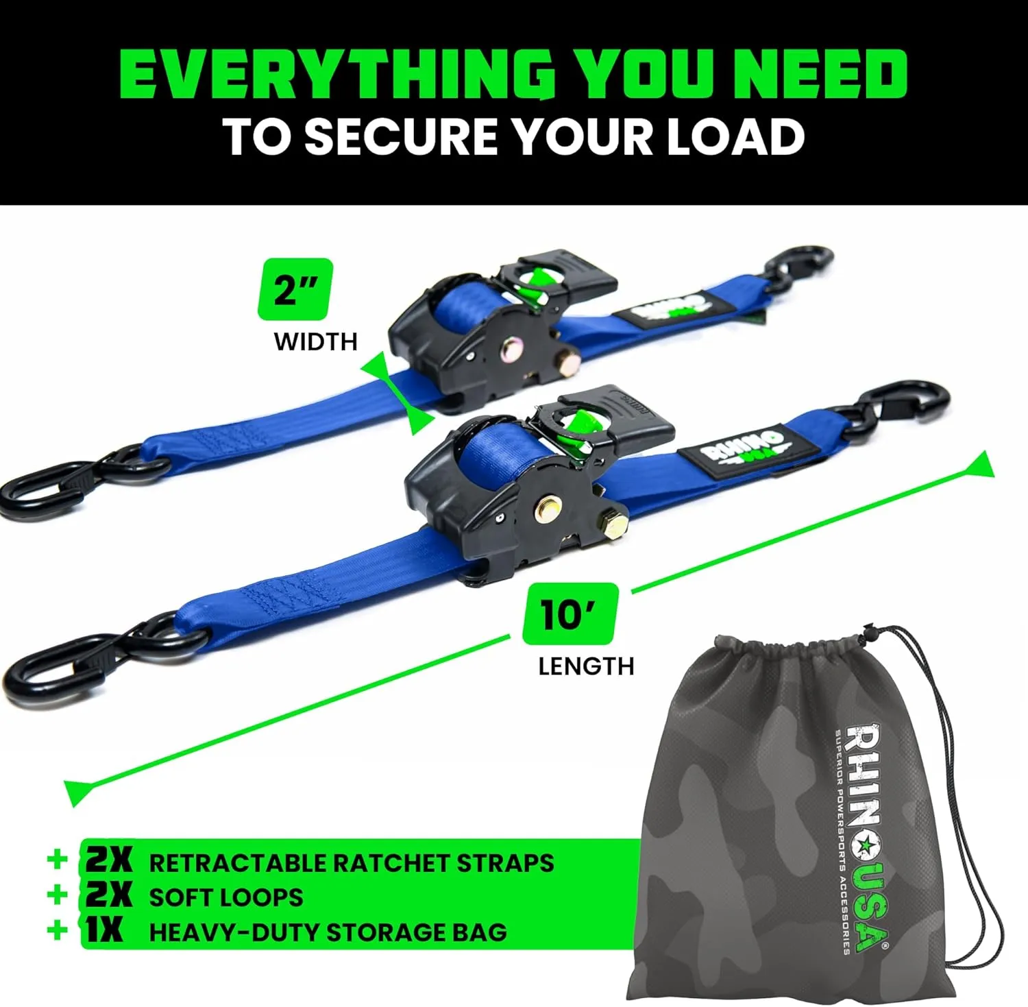 Rhino USA Retractable Ratchet Straps (2-Pack) - 2 Inch x 10 Feet (3,033lb Break Strength) - Heavy Duty Auto Self Retracting Tie Down Straps for Truck, Cargo Trailer, Motorcycle, Rad & More - Blue