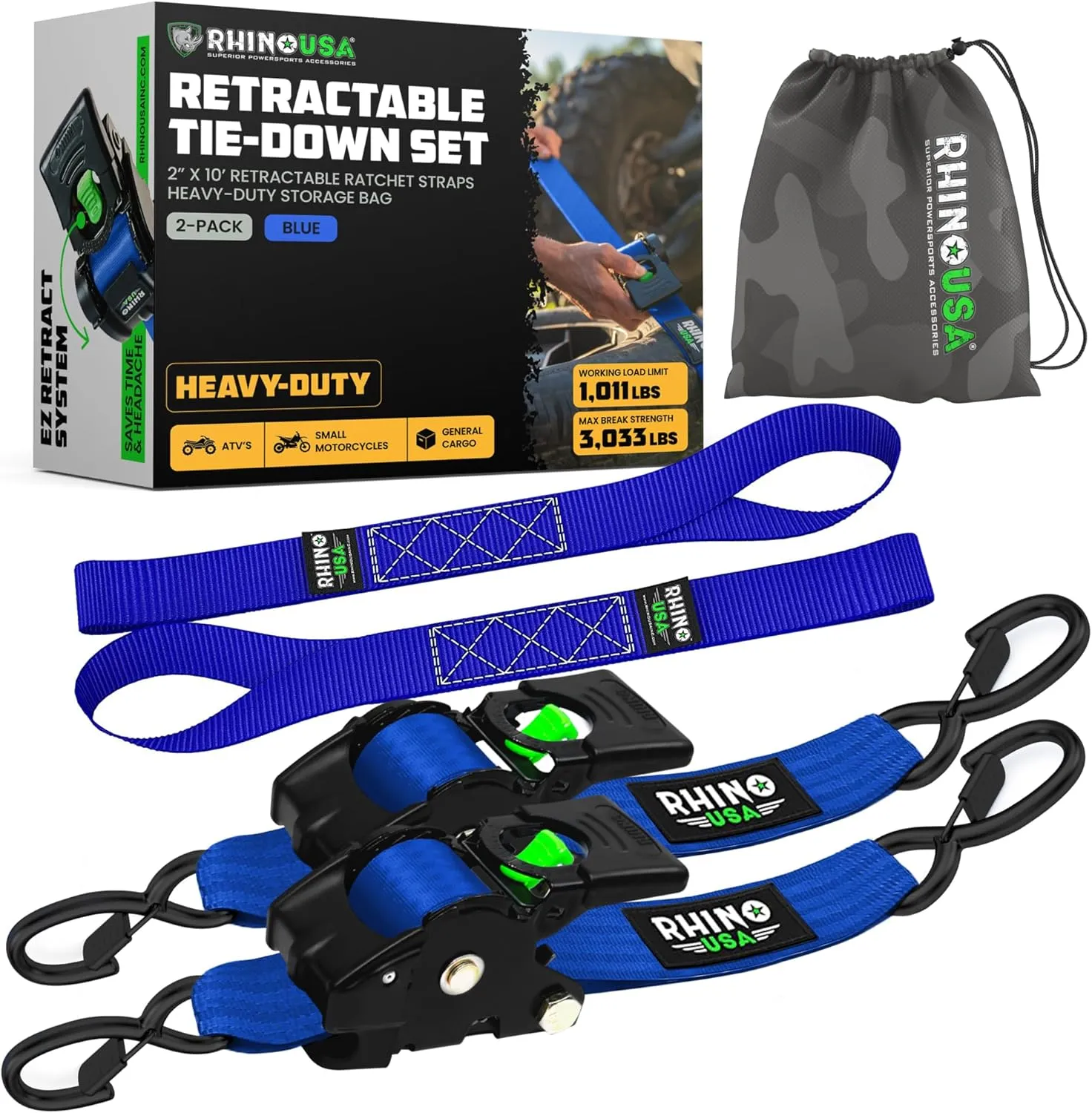 Rhino USA Retractable Ratchet Straps (2-Pack) - 2 Inch x 10 Feet (3,033lb Break Strength) - Heavy Duty Auto Self Retracting Tie Down Straps for Truck, Cargo Trailer, Motorcycle, Rad & More - Blue