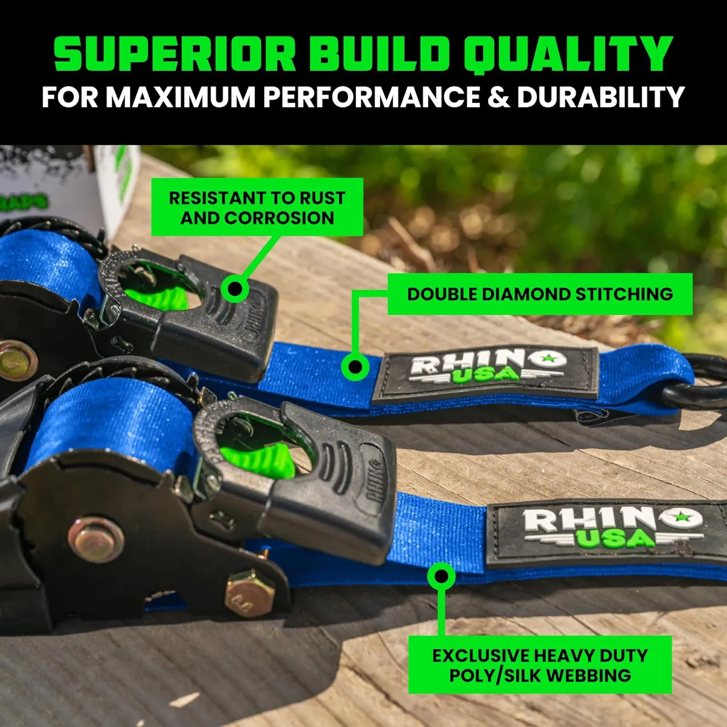 Rhino USA Retractable Ratchet Straps (2-Pack) - 2 Inch x 10 Feet (3,033lb Break Strength) - Heavy Duty Auto Self Retracting Tie Down Straps for Truck, Cargo Trailer, Motorcycle, Rad & More - Blue