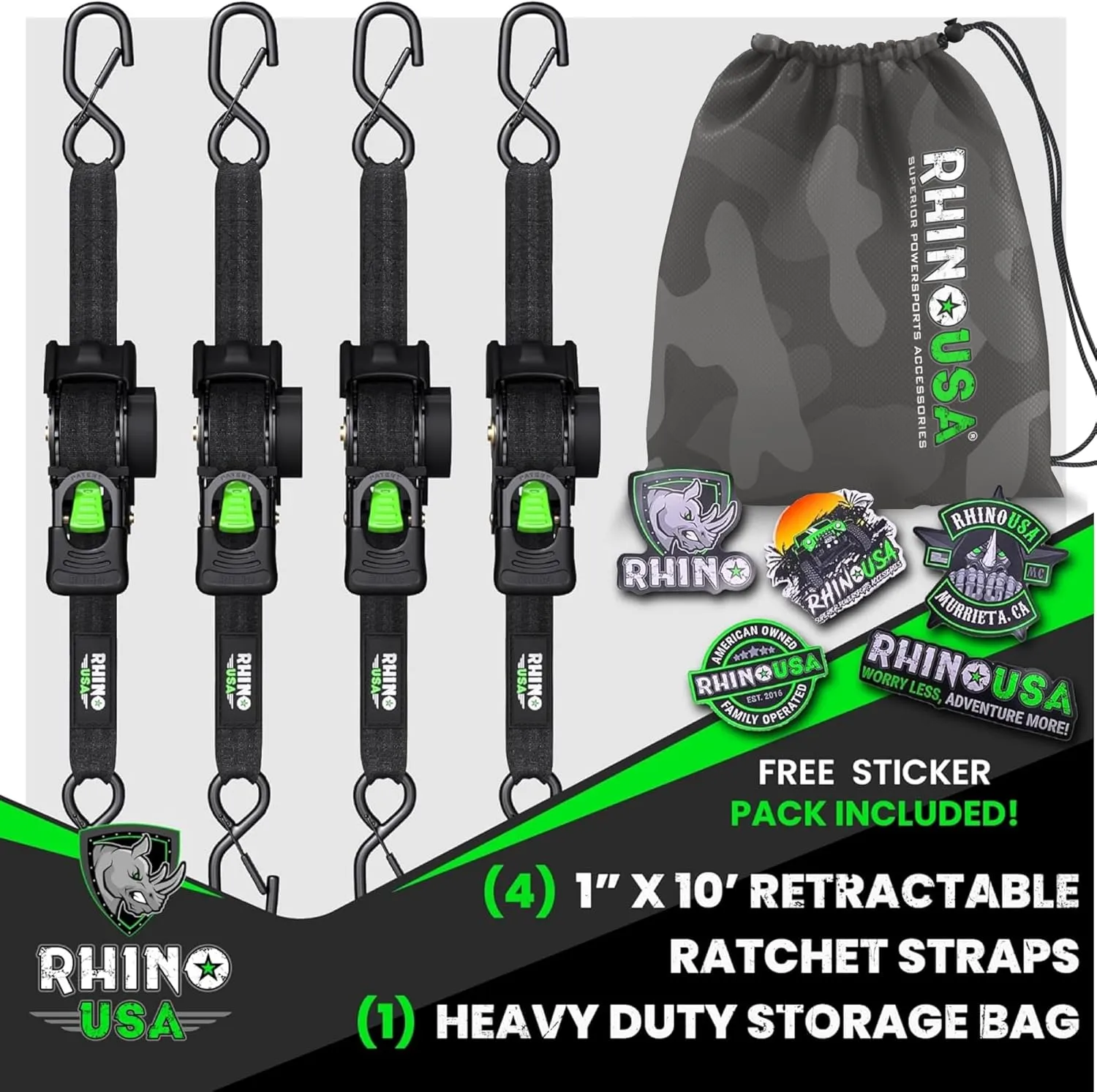 Rhino USA Retractable Ratchet Straps (4-Pack) - 1 Inch x 10 Feet (1,209lb Break Strength) - Heavy Duty Auto Self Retracting Tie Down Straps for Truck, Cargo Trailer, Motorcycle, Rad & More - Black