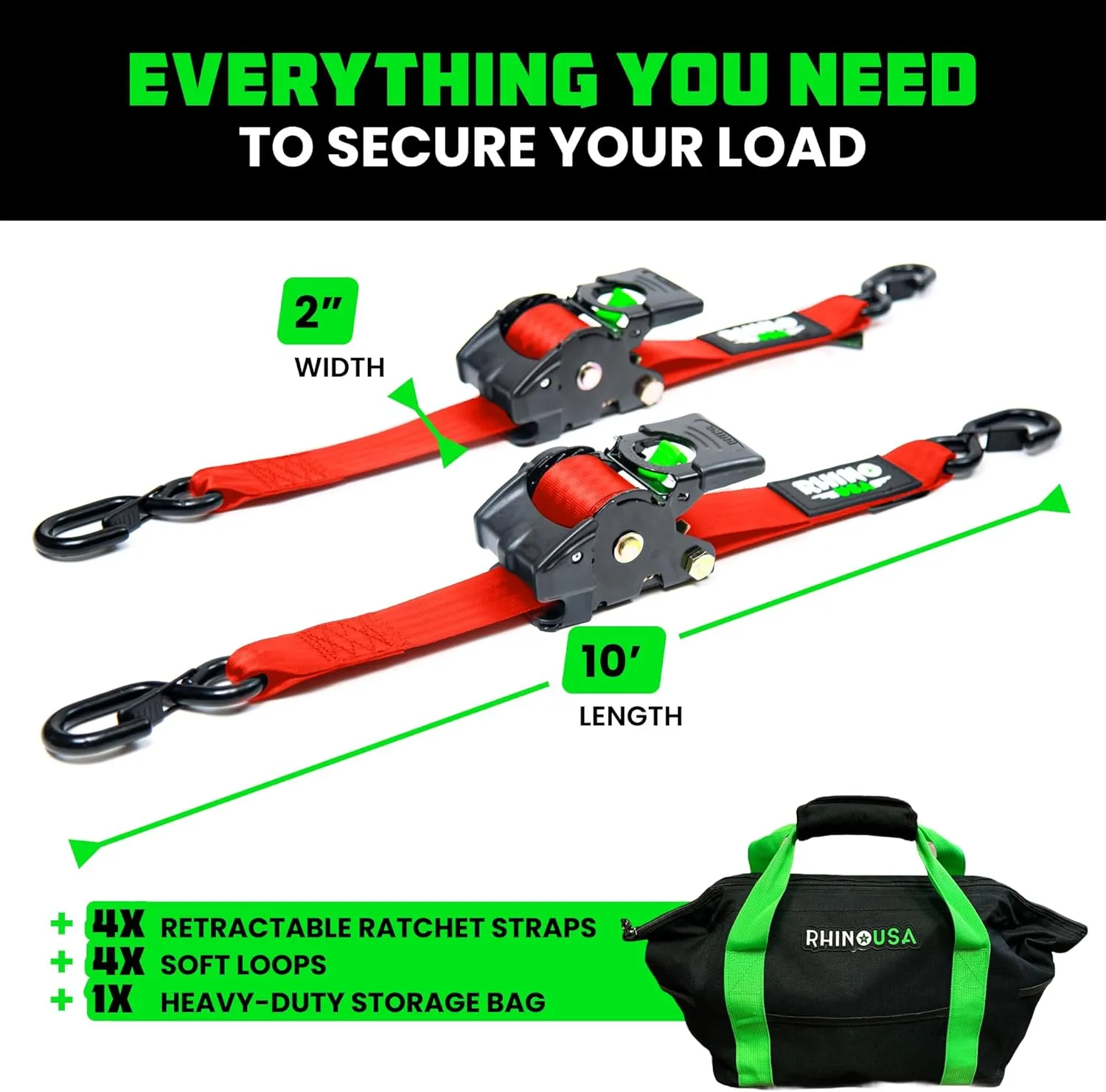 Rhino USA Retractable Ratchet Straps (4-Pack) - 2 Inch x 10 Feet (3,033lb Break Strength) - Heavy Duty Auto Self Retracting Tie Down Straps for Truck, Cargo Trailer, Motorcycle, Rad & More - Red
