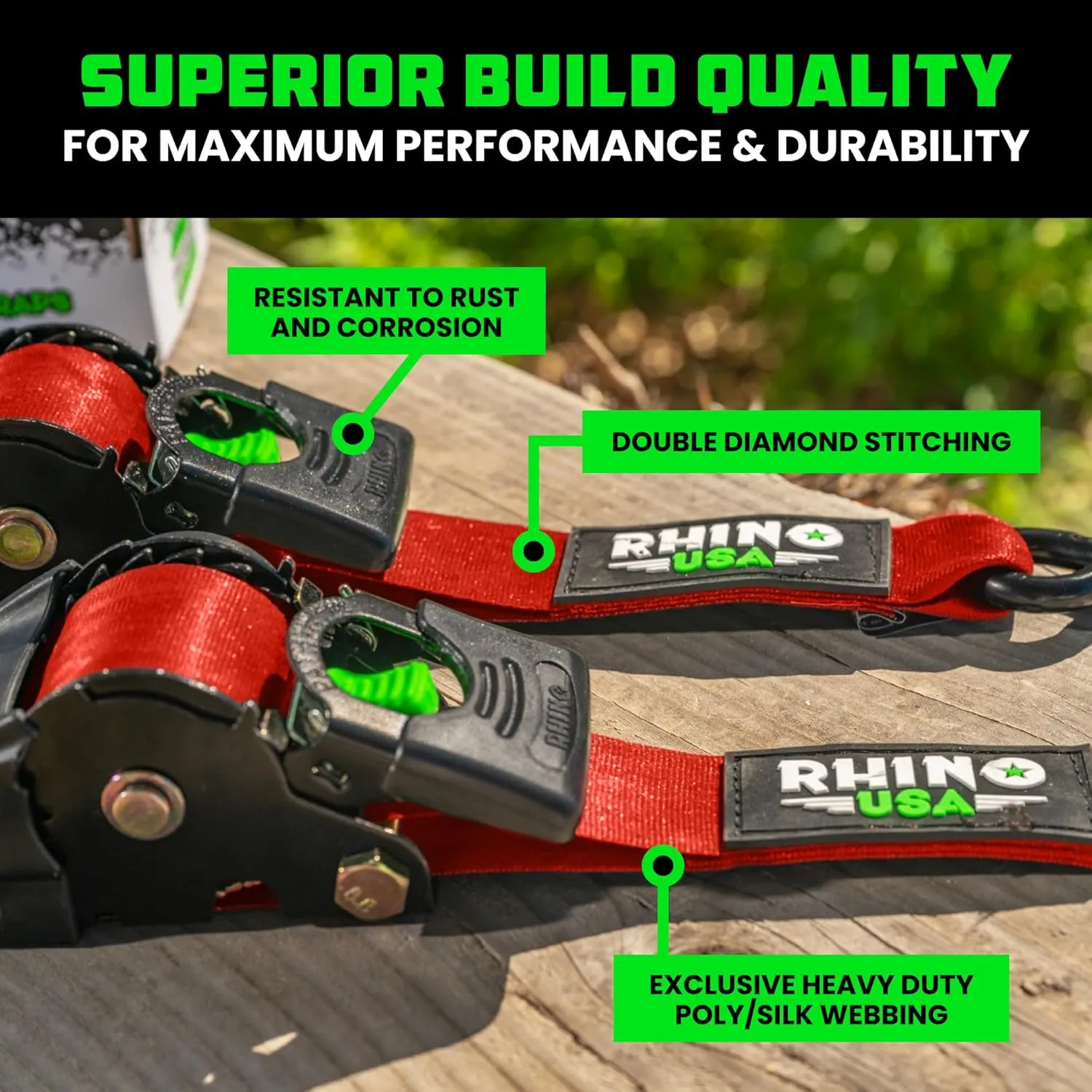 Rhino USA Retractable Ratchet Straps (4-Pack) - 2 Inch x 10 Feet (3,033lb Break Strength) - Heavy Duty Auto Self Retracting Tie Down Straps for Truck, Cargo Trailer, Motorcycle, Rad & More - Red