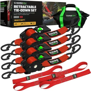 Rhino USA Retractable Ratchet Straps (4-Pack) - 2 Inch x 10 Feet (3,033lb Break Strength) - Heavy Duty Auto Self Retracting Tie Down Straps for Truck, Cargo Trailer, Motorcycle, Rad & More - Red
