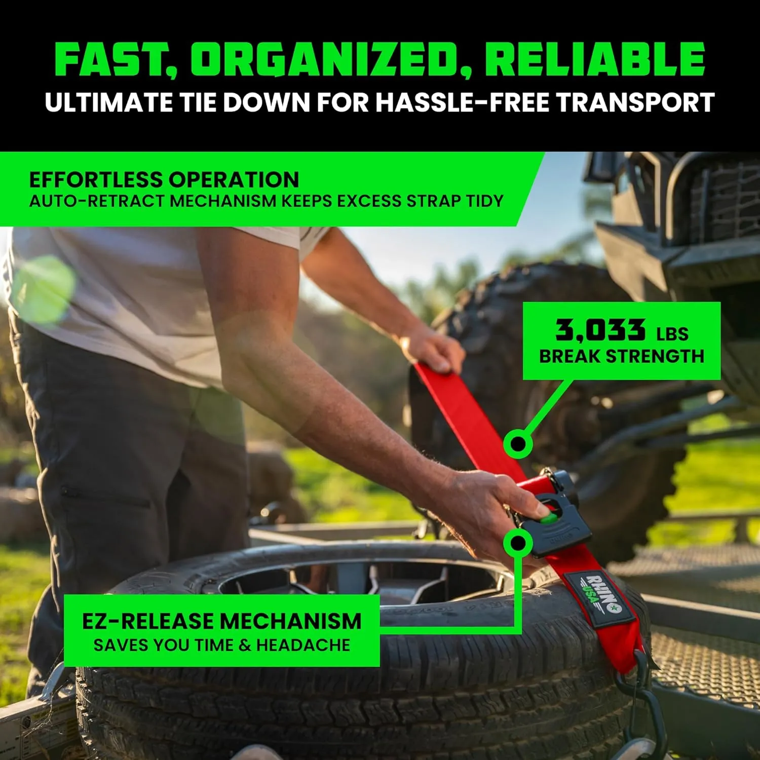 Rhino USA Retractable Ratchet Straps (4-Pack) - 2 Inch x 10 Feet (3,033lb Break Strength) - Heavy Duty Auto Self Retracting Tie Down Straps for Truck, Cargo Trailer, Motorcycle, Rad & More - Red