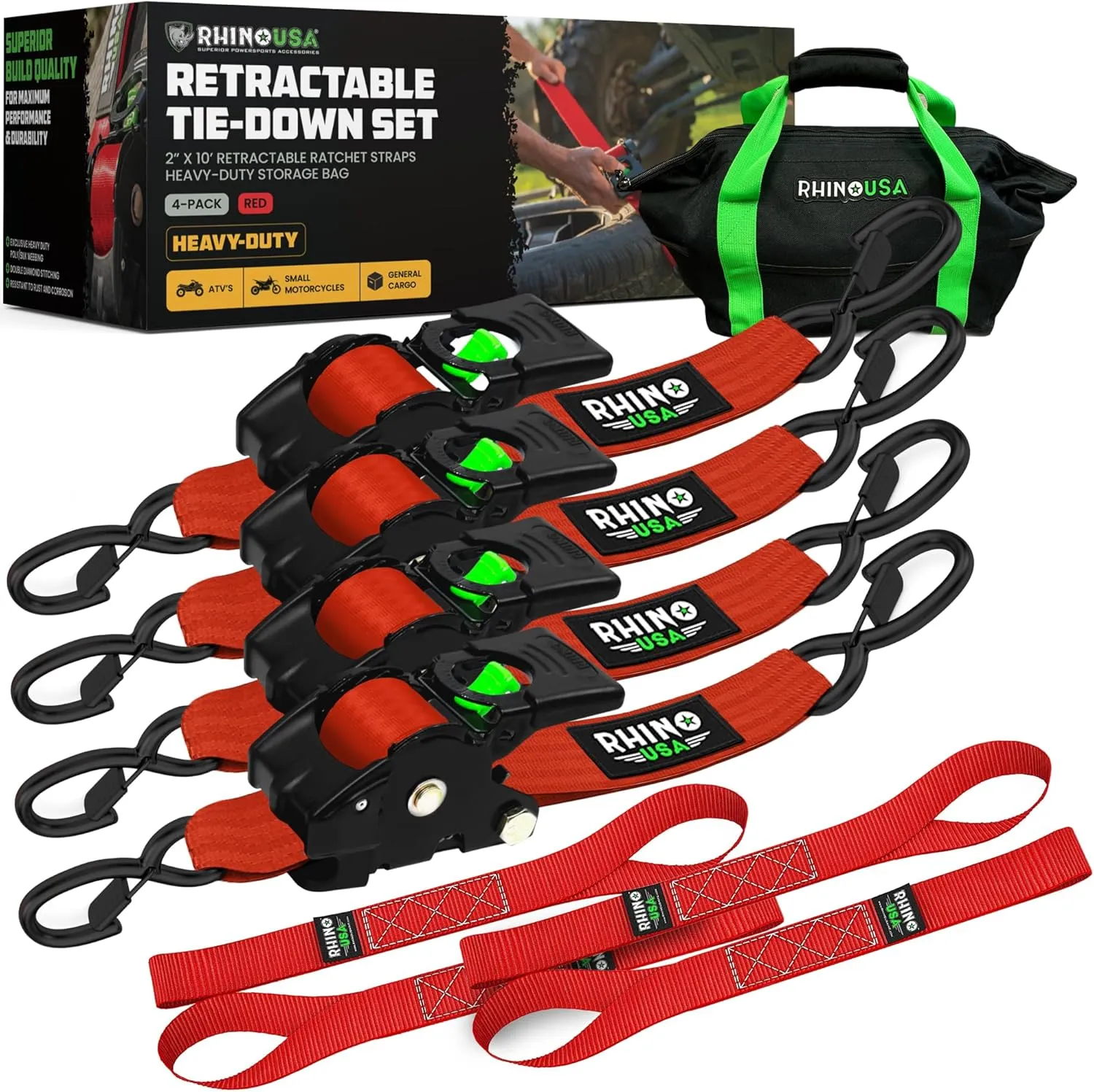 Rhino USA Retractable Ratchet Straps (4-Pack) - 2 Inch x 10 Feet (3,033lb Break Strength) - Heavy Duty Auto Self Retracting Tie Down Straps for Truck, Cargo Trailer, Motorcycle, Rad & More - Red