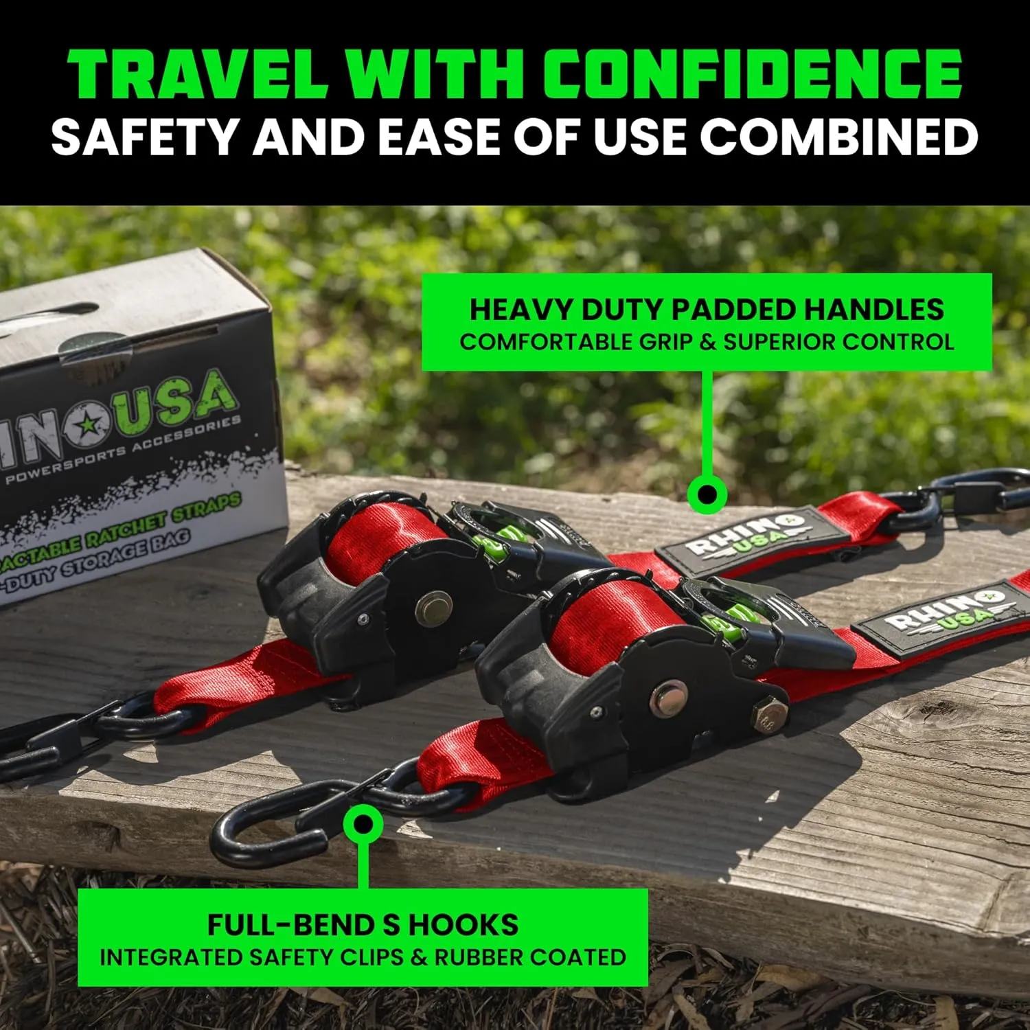 Rhino USA Retractable Ratchet Straps (4-Pack) - 2 Inch x 10 Feet (3,033lb Break Strength) - Heavy Duty Auto Self Retracting Tie Down Straps for Truck, Cargo Trailer, Motorcycle, Rad & More - Red