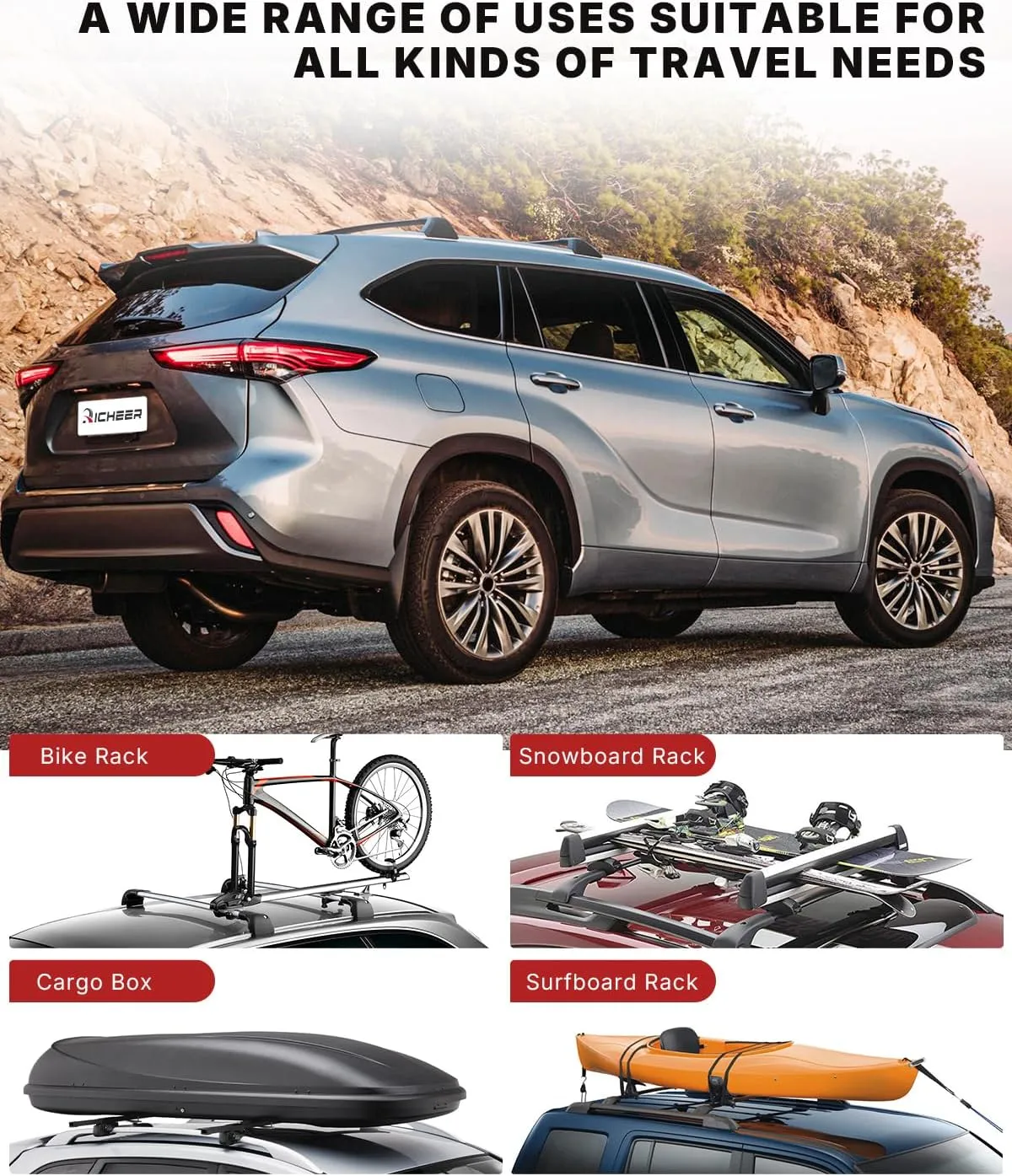 Richeer 220LBS Roof Rack Cross Bars Fit for 2020-2025 Highlander XLE XSE Limited Platinum Hybrid with Raised Side Rails, Heavy Duty Aluminum Cross Bar for Cargo Racks Rooftop Luggage Bicycle Roof Bag