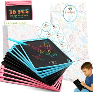 Riff Ruffle All-in-ONE 36-Pack Party Favour Kids – 12 LCD Writing Tablets (6.5"), 12 Gift Bags & 12 Stickers – Educational Doodle Boards for Boys and Girls 3-10, Ultimate Goodie Bag Gifts