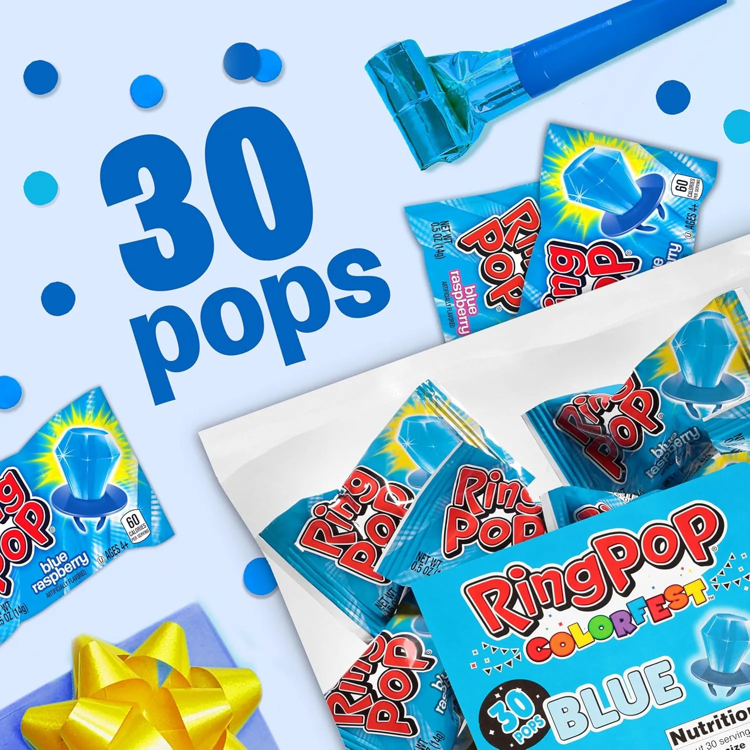Ring Pop Individually Wrapped Blue Raspberry 30 Count Bulk Lollipop Pack – Blue Raspberry Flavored Lollipop Suckers - Fun Candy Bulk For Party Favors, Gender Reveal Parties, & Bachelorette Parties