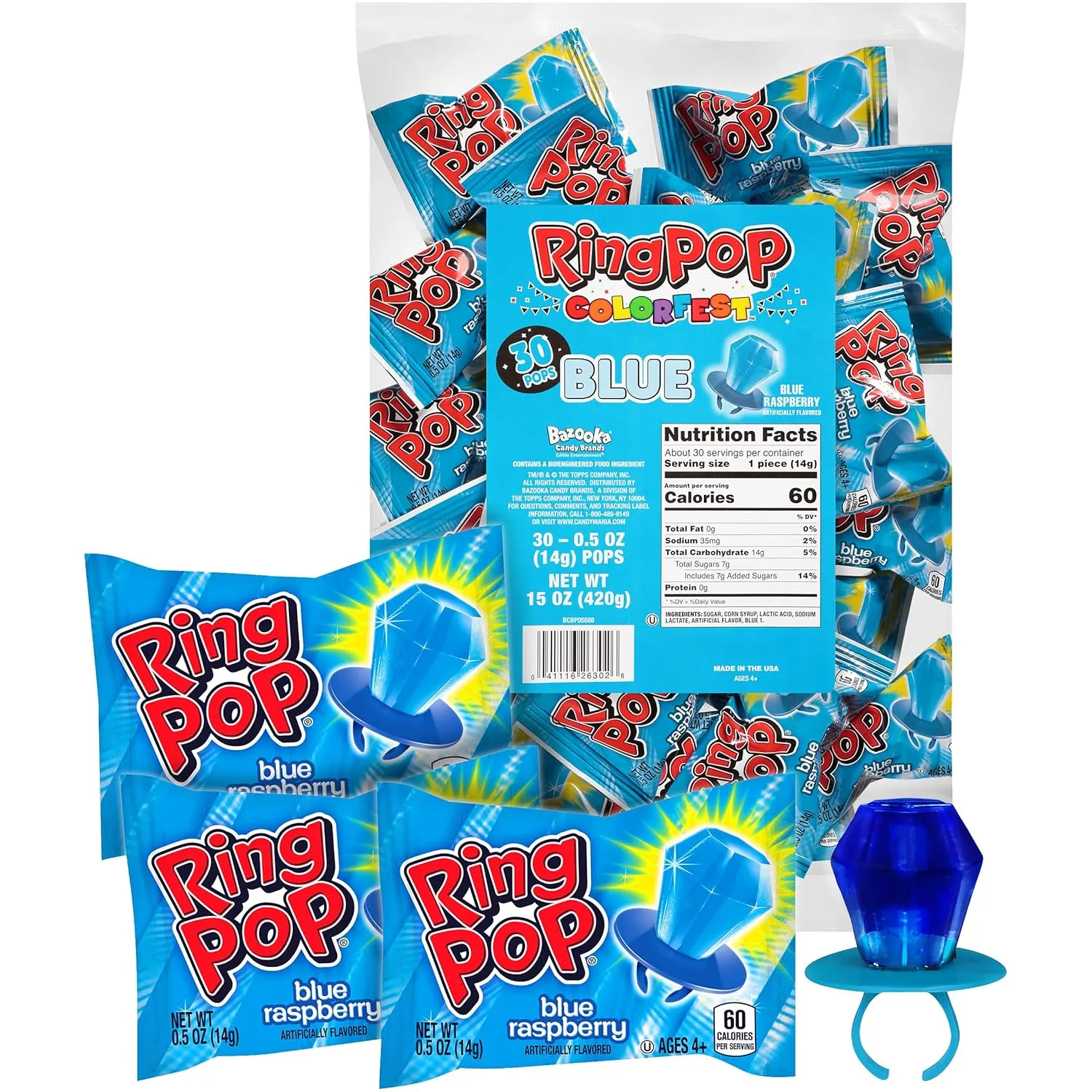 Ring Pop Individually Wrapped Blue Raspberry 30 Count Bulk Lollipop Pack – Blue Raspberry Flavored Lollipop Suckers - Fun Candy Bulk For Party Favors, Gender Reveal Parties, & Bachelorette Parties