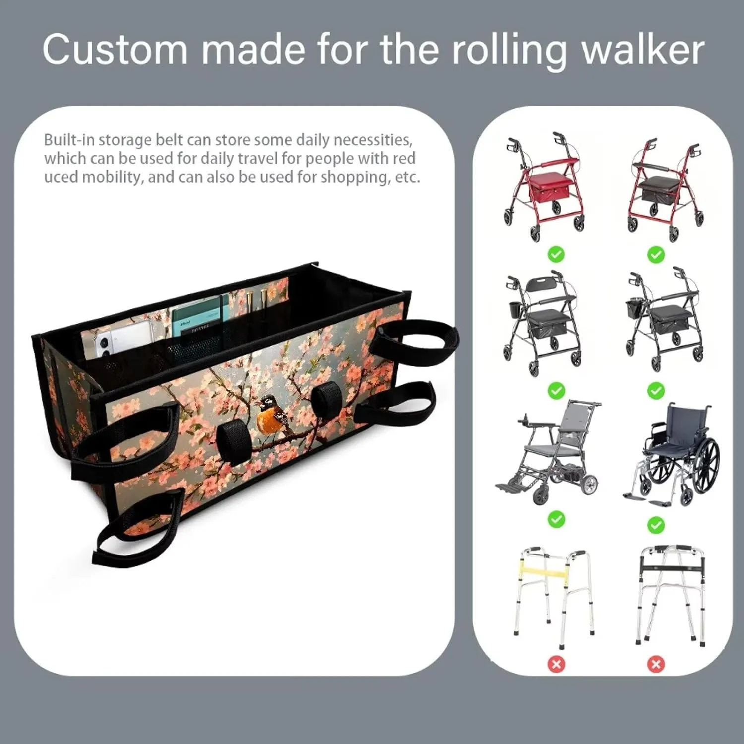 Robin Bag for Walker Foldable Walker Storage Bag Hand-Free Carry Storage Bag for Universal Walkers Wheelchair Basket Pouch for Elderly