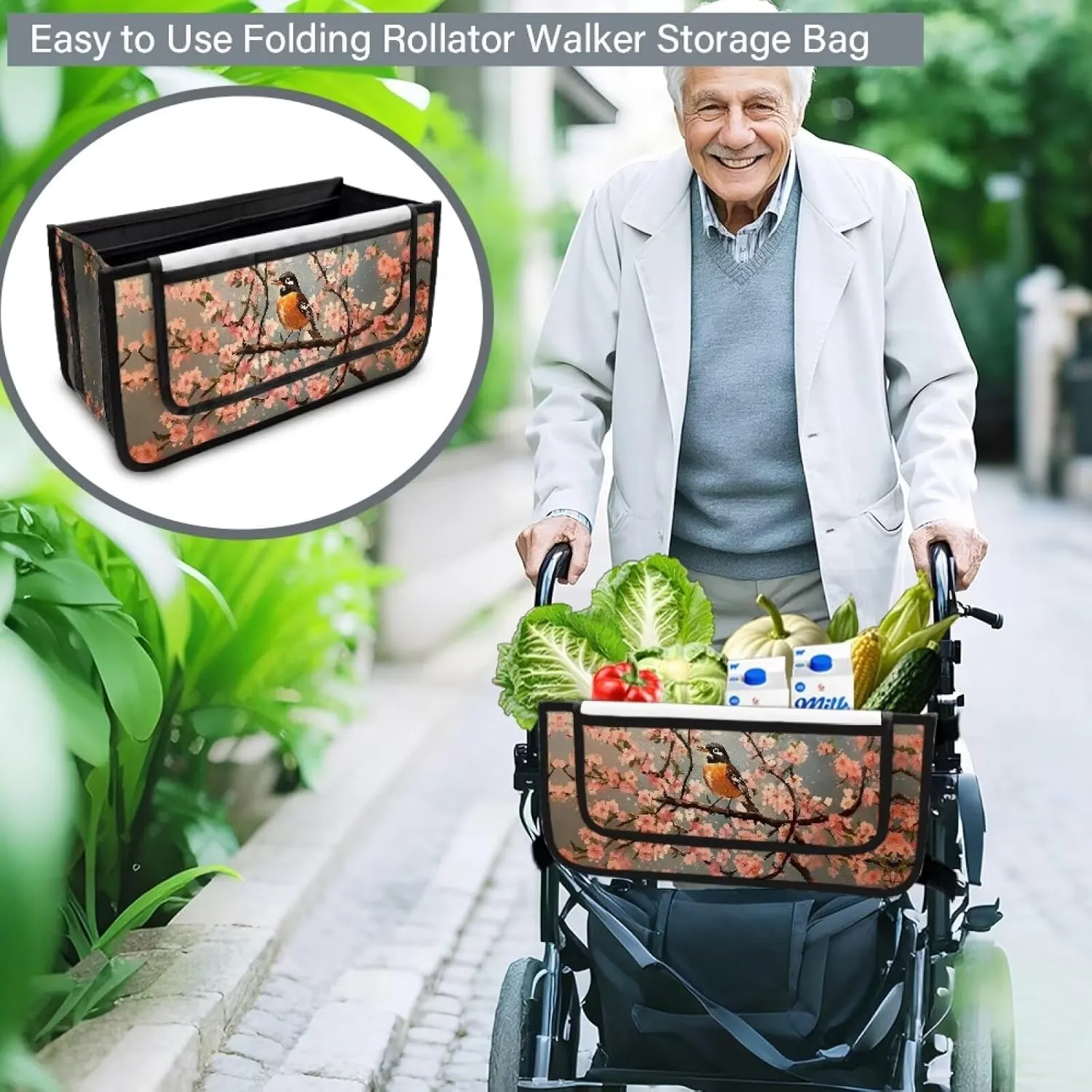 Robin Bag for Walker Foldable Walker Storage Bag Hand-Free Carry Storage Bag for Universal Walkers Wheelchair Basket Pouch for Elderly