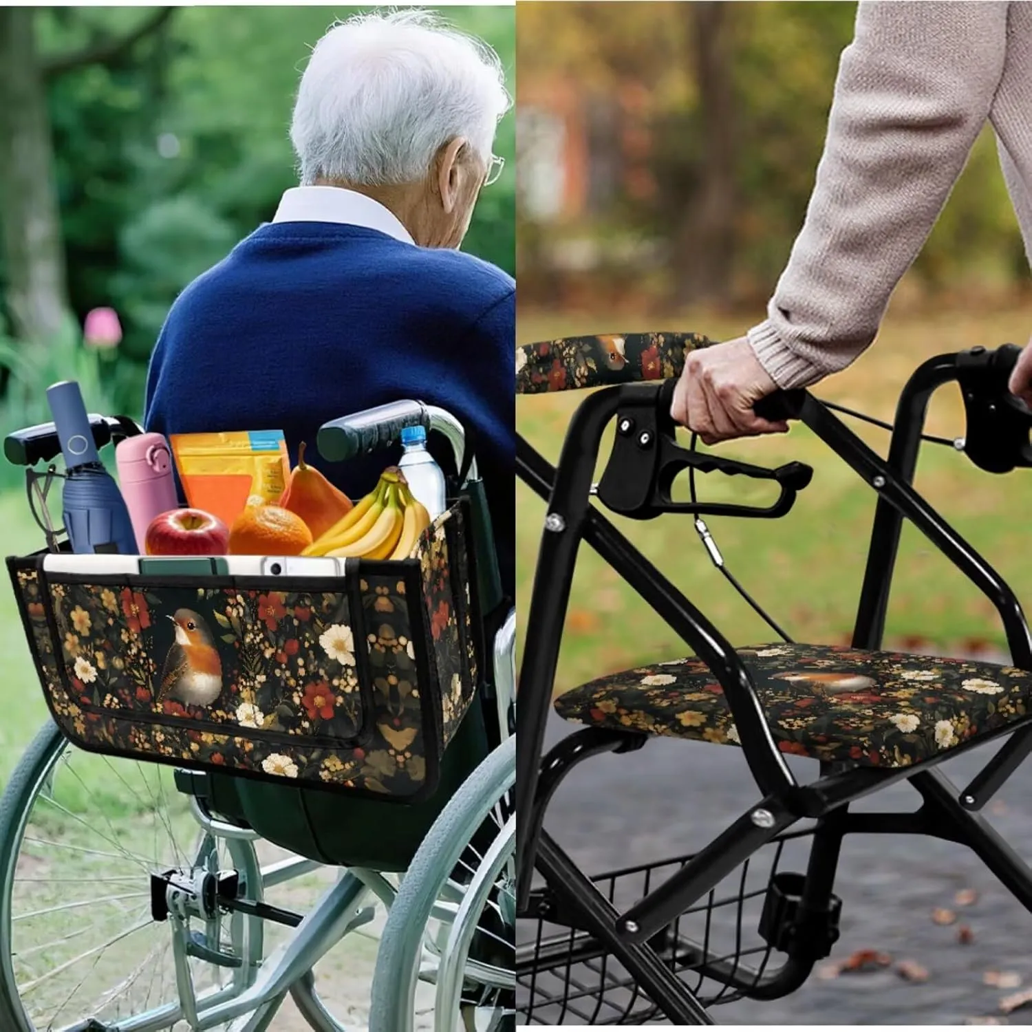Robin Bird Floral 3Pcs Rollator Walker Basket and Seat Backrest Cover Sets for Ladies Soft Stretchy Protection Walker Baskets Bag Soft Rollator Covers Accessories