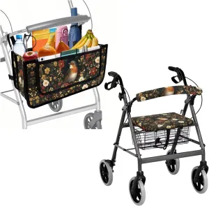 Robin Bird Floral 3Pcs Rollator Walker Basket and Seat Backrest Cover Sets for Ladies Soft Stretchy Protection Walker Baskets Bag Soft Rollator Covers Accessories