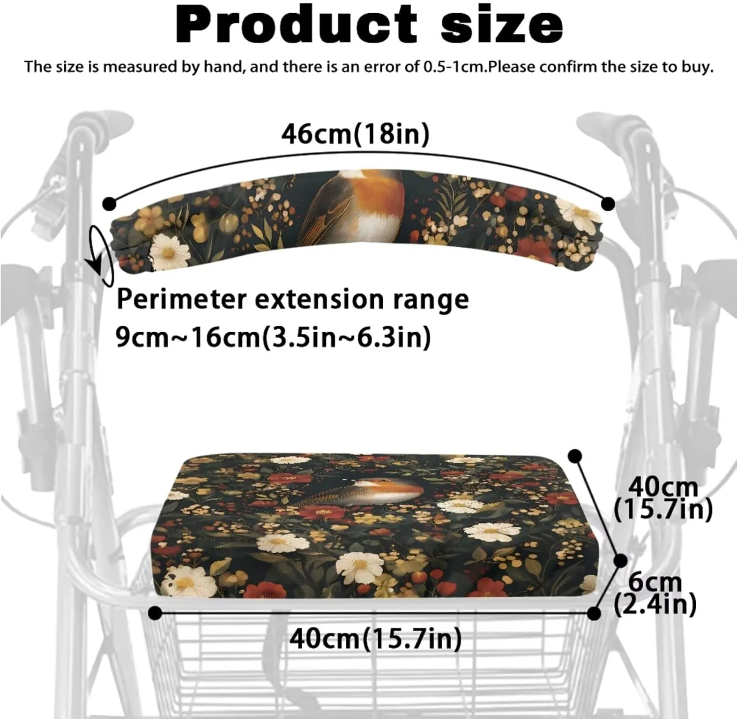 Robin Bird Floral 3Pcs Rollator Walker Basket and Seat Backrest Cover Sets for Ladies Soft Stretchy Protection Walker Baskets Bag Soft Rollator Covers Accessories