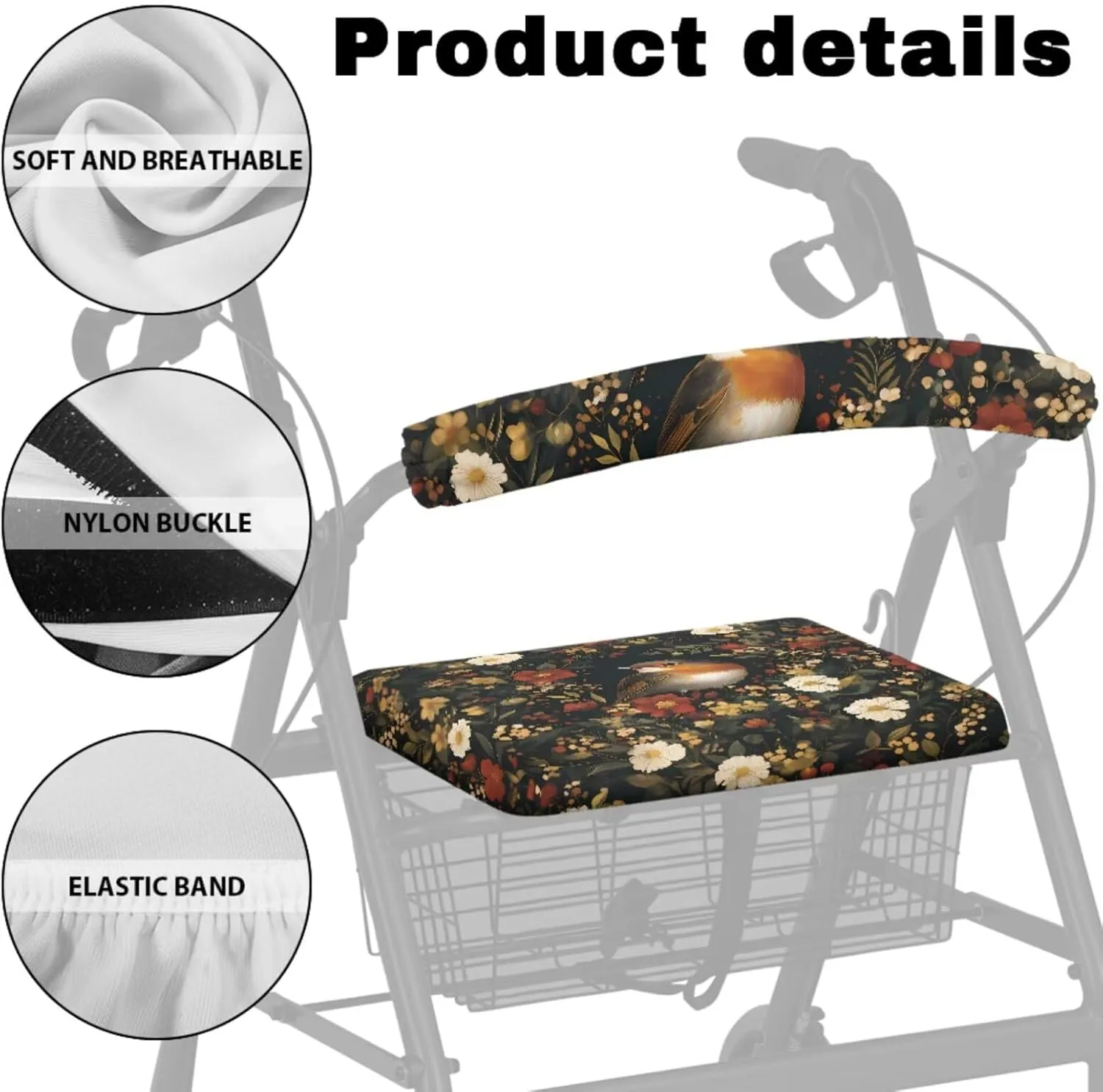 Robin Bird Floral 3Pcs Rollator Walker Basket and Seat Backrest Cover Sets for Ladies Soft Stretchy Protection Walker Baskets Bag Soft Rollator Covers Accessories