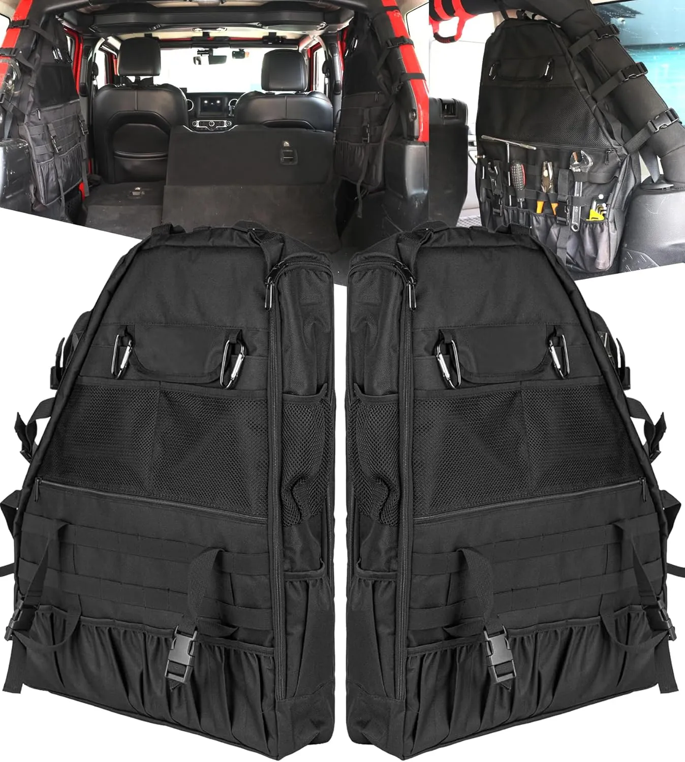 Roll Bar Storage Bag Multi-pocket Rear Cargo Organizers Saddlebag Compatible with 2007-2024 Jeep Wrangler JK JL 4-DOOR(NOT FOR 2-DOOR MODELS)