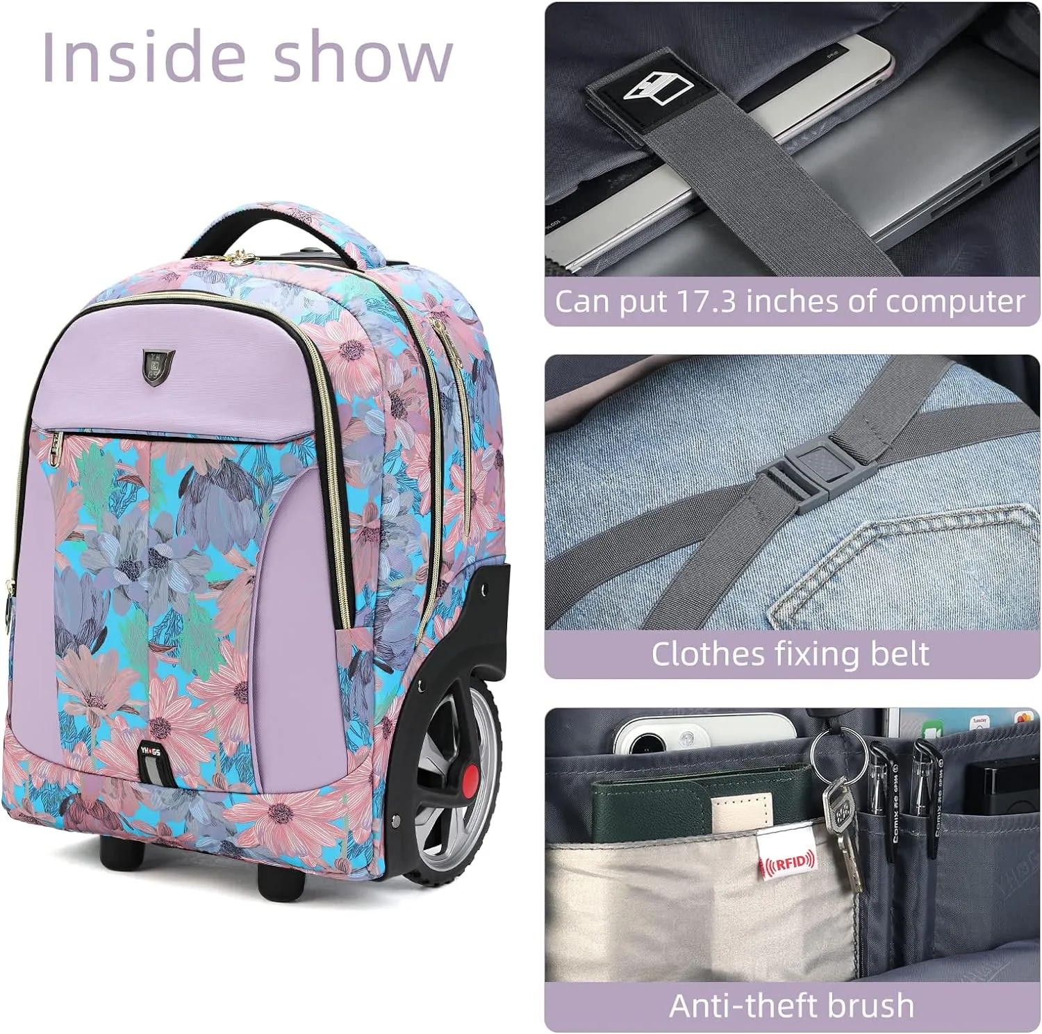 Rolling Backpack,Waterproof Backpack with Wheels for Business and Travel Commuter, Carry on Backpack with Laptop Compartment, Fit 17 Inch Laptop, Wheeled Backpack for Adults