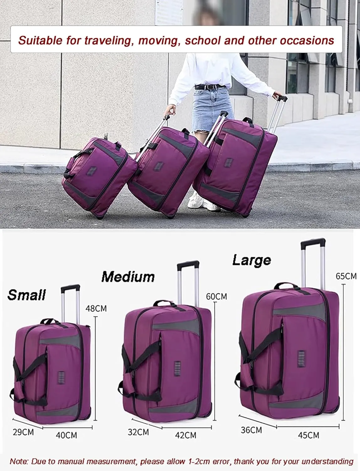 Rolling Duffle Bag, Wheeled Duffle Bag Large Capacity Foldable Travel Luggage with Telescopic Handle, Waterproof Overnight Bag for Travel, Gym, Yoga(Gray,Medium)