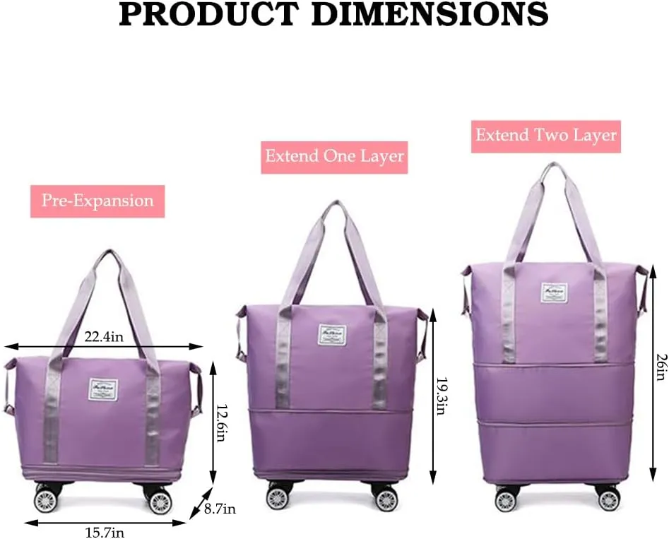 Rolling Duffle Bag with Wheels and Handle Foldable Travel Bag Expandable Carry on Bag with Detachable Casters Wheeled Weekender Bag for Women & Men - Gray