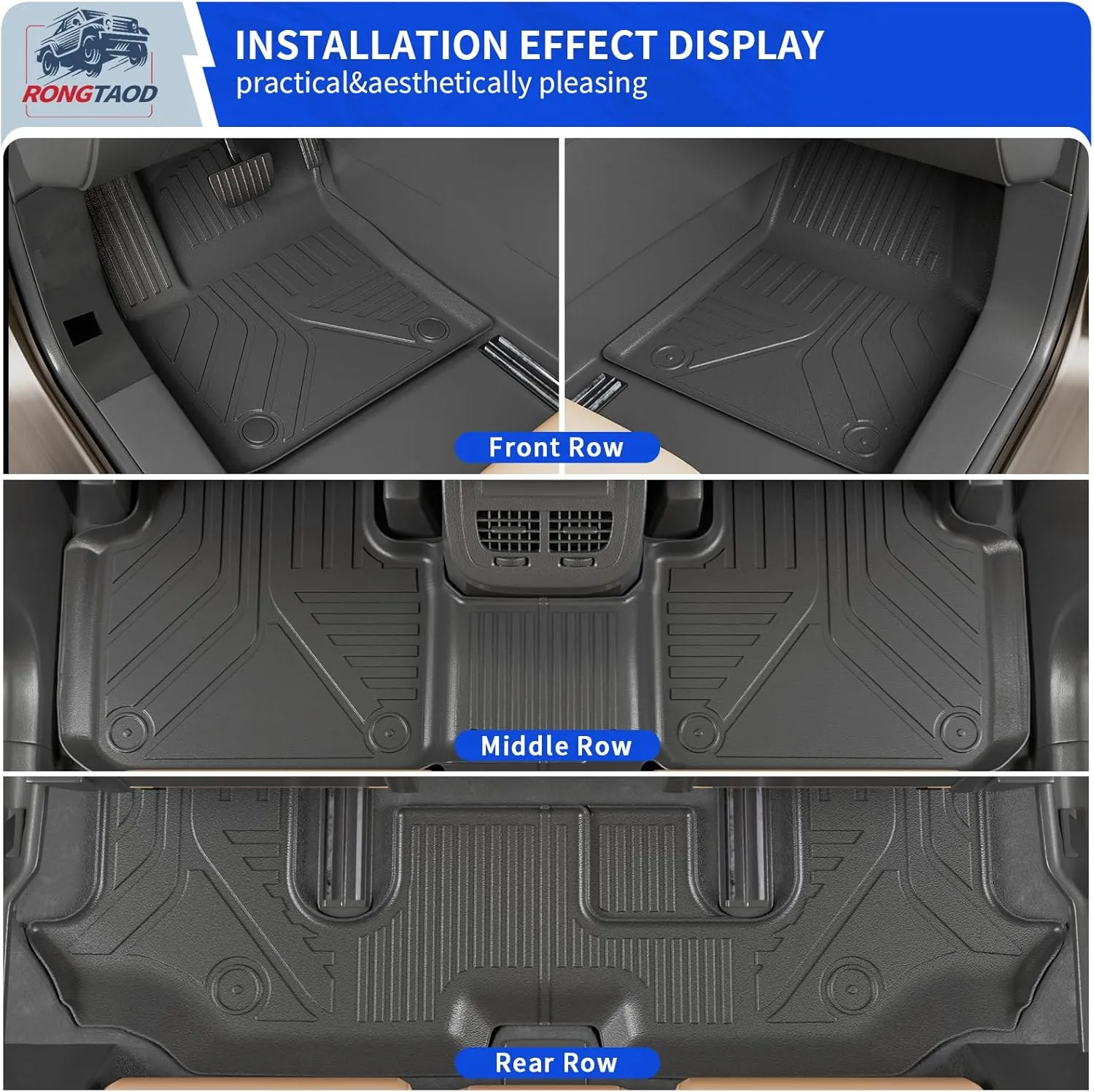 Rongtaod Floor Mats Compatible with 2018-2025 Volkswagen Atlas (NOT for Cross Sport) Trunk Mat Cargo Liner Back Seat Cover 2024 VW Atlas Accessories (Trunk Mat with Backrest Mat Floor Mats)