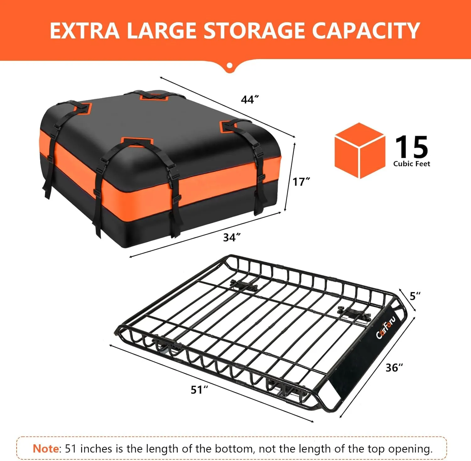 Roof Rack Basket 51" X 36" X 5" 250LB Capacity Rooftop Cargo Basket   15 Cubic Feet Waterproof Rooftop Cargo Carrier Bag for SUV with Cargo Net, Luggage Lock, 2 Ratchet Straps