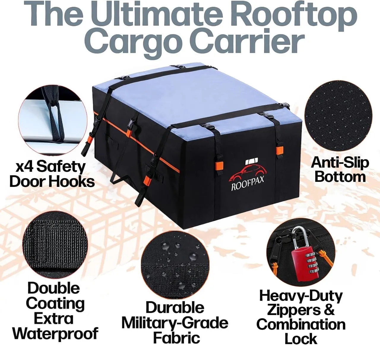 RoofPax Car Rooftop Cargo Carrier Bag Waterproof Storage - Including Double Zippers15 cft. with Heavy-Duty Tie-Down Straps fit Cars with/Without Roof Top Rack or Side Rails.