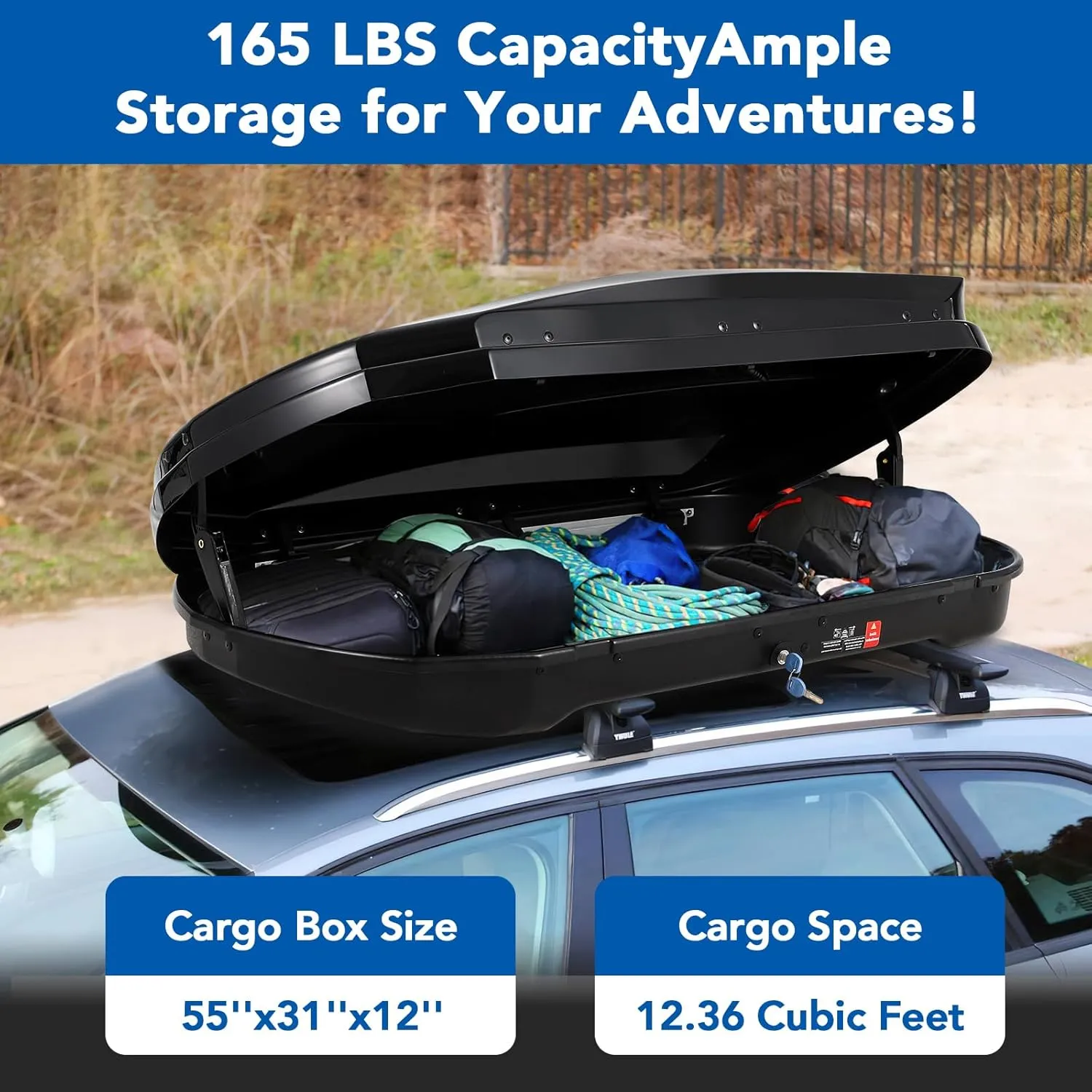Rooftop Cargo Carrier Hard Shell, 12.4 Cubic Feet Heavy-Duty Roof Cargo Box, Lockable Roof Top Cargo Carrier Box with 2 Reinforced Straps and 2 Keys for Car, Wagon, SUV