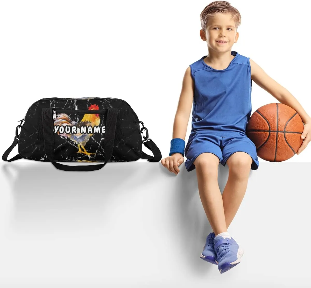 Rooster Marble Design Personalized Kids Duffel Bag for Boys, Rooster Debris Custom Name Overnight Small Duffel Bag Carry On Weekend Sports Travel Bag for School Practice Gymnastics Ballet