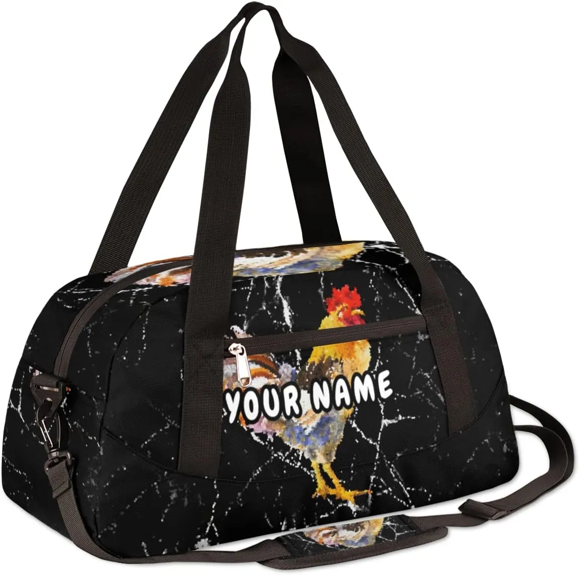 Rooster Marble Design Personalized Kids Duffel Bag for Boys, Rooster Debris Custom Name Overnight Small Duffel Bag Carry On Weekend Sports Travel Bag for School Practice Gymnastics Ballet