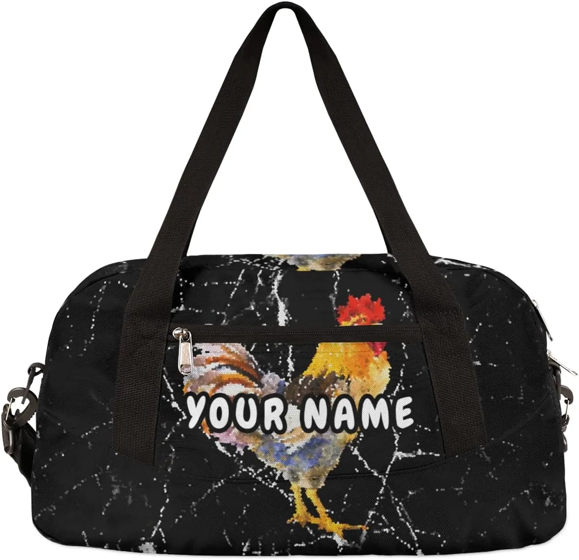 Rooster Marble Design Personalized Kids Duffel Bag for Boys, Rooster Debris Custom Name Overnight Small Duffel Bag Carry On Weekend Sports Travel Bag for School Practice Gymnastics Ballet