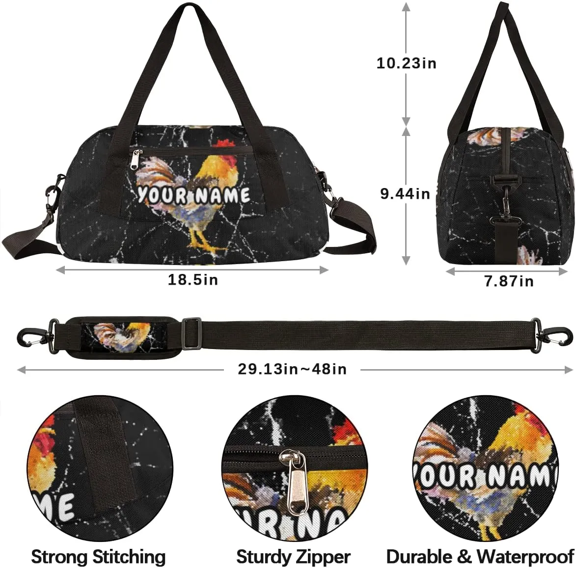 Rooster Marble Design Personalized Kids Duffel Bag for Boys, Rooster Debris Custom Name Overnight Small Duffel Bag Carry On Weekend Sports Travel Bag for School Practice Gymnastics Ballet