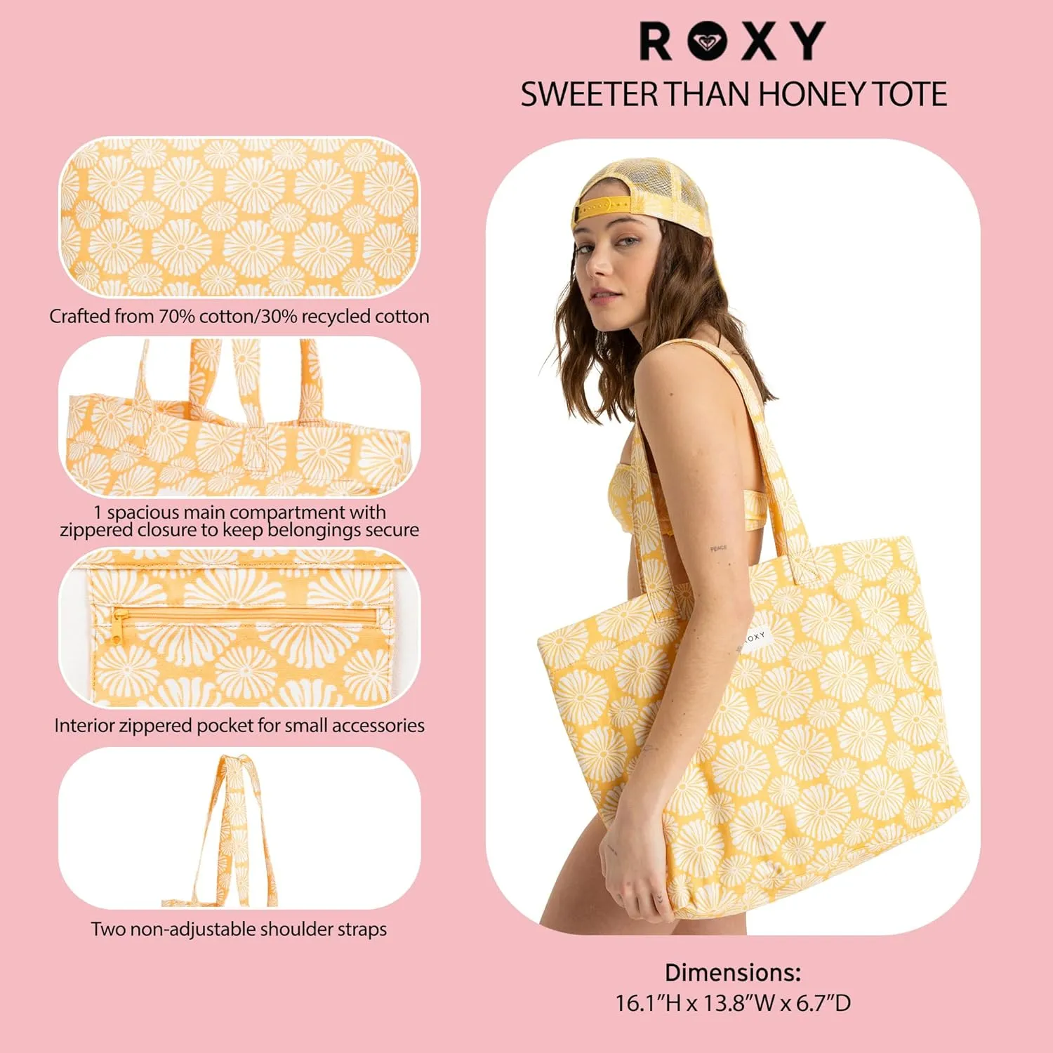 Roxy Women's Cotton Tote Bag | Everyday Carry | Beach | Travel | Vacation | Reusable | Lightweight