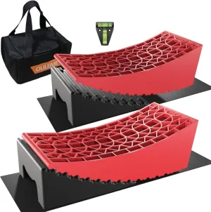 RV Leveling Blocks, Camper Leveler System 2 Packs for Dual Axle Tandem Wheel Travel Trailer, Include 2 Curved Leveler Ramp, 2 Chock, 2 Rubber Mat, 1 T Bubble Level, 1 Carry Bag