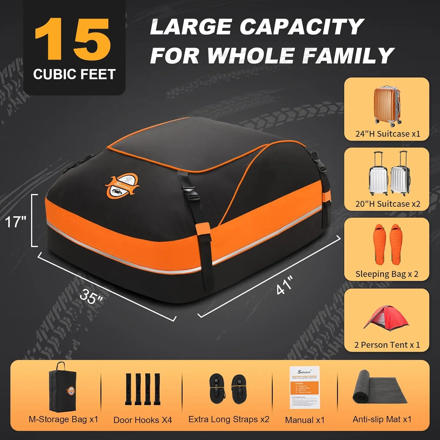 Sailnovo Car Rooftop Cargo Carrier Roof Bag, 15 Cubic Feet Waterproof Rooftop Cargo Carrier Bag, Fit Car with Without Luggage Rack - Cartop Carrier Bag with Tie-Down Strap, Safety Hook