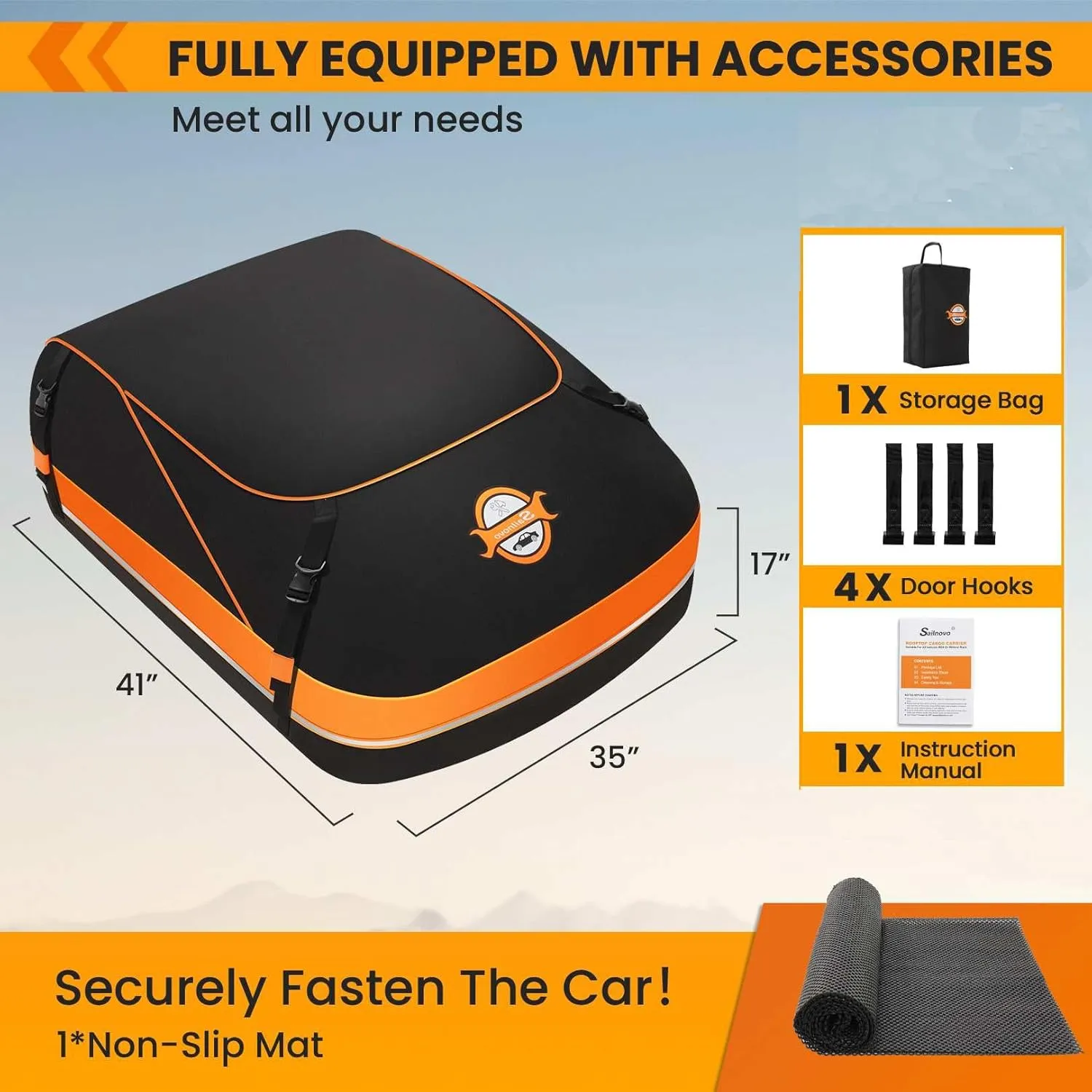 Sailnovo Rooftop Cargo Carrier, 15 Cubic Waterproof Soft-Shell Car Roof Cargo Carrier for Top of Vehicle with/Without Roof Rack, Car Top Carrier with Anti-Slip Mat, Safety Hooks & Storage Bag