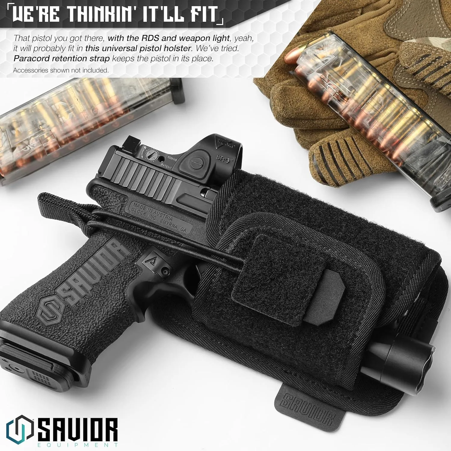 Savior Equipment Tactical Pistol Holder Revolver Holster Universal Carrier to Fit Most Handguns with Mounted Light/Laser/Sight/Optics, Paracord Retention Strap, Hook-Backed Panel