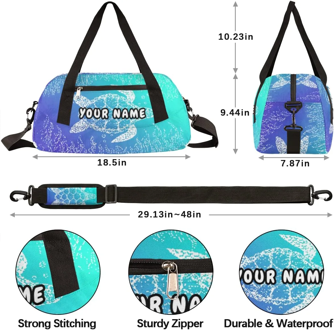Sea Turtle Personalized Kids Duffel Bag for Girls Boys, Sea Turtle Debris Custom Name Dance Bag Overnight Small Duffel Bag Carry On Weekend Sports Travel Bag for School Practice Gymnastics Ballet