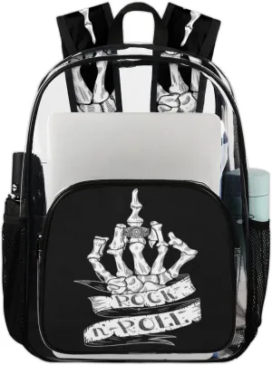 Skeleton Skull Hand Rock N Roll Clear Backpack Stadium Approved Heavy Duty PVC Transparent Backpacks Large See Through Bag for Work Travel Sports Events Concerts